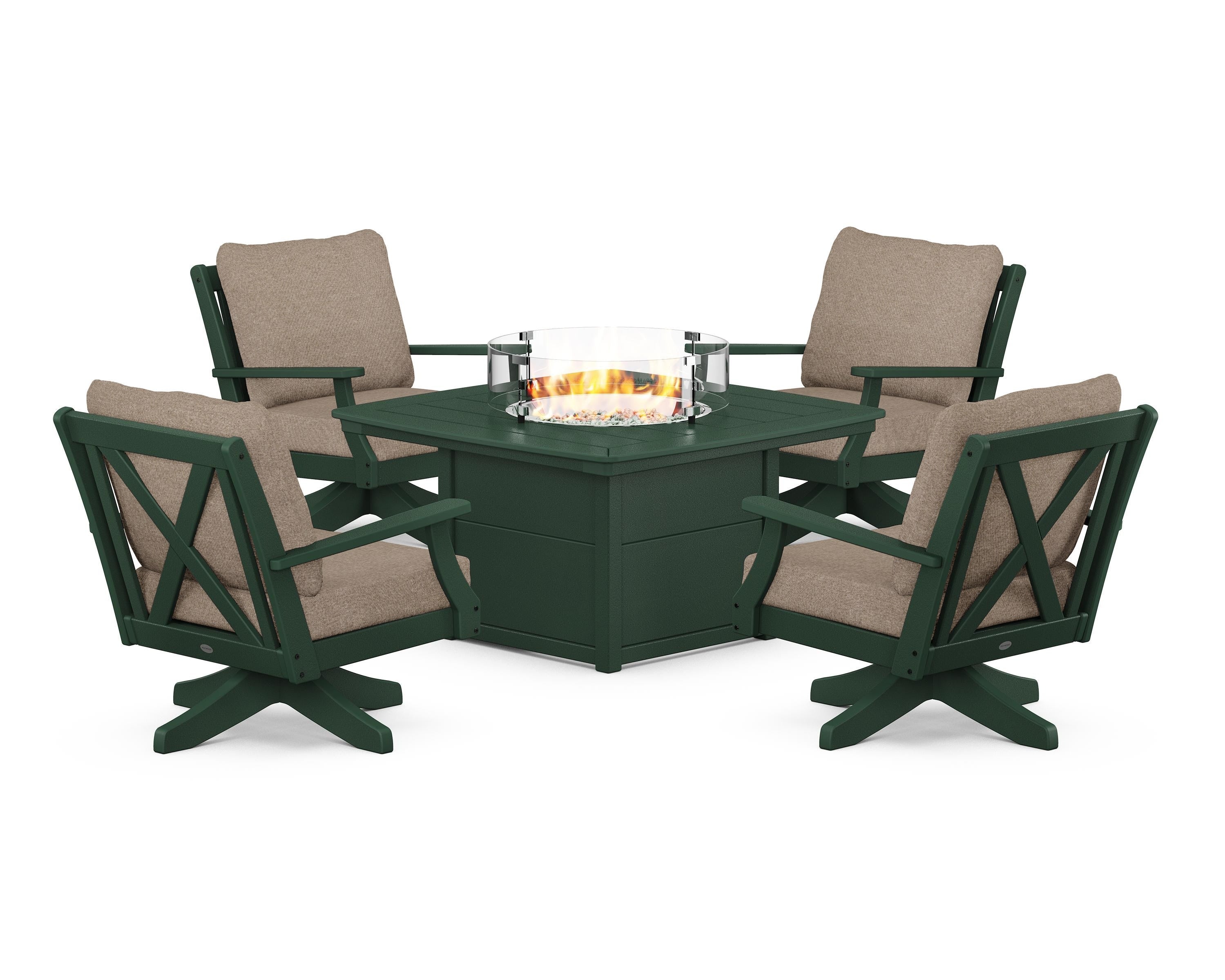 POLYWOOD® Braxton 5-Piece Deep Seating Swivel Conversation Set with Fire Pit Table in Green / Spiced Burlap