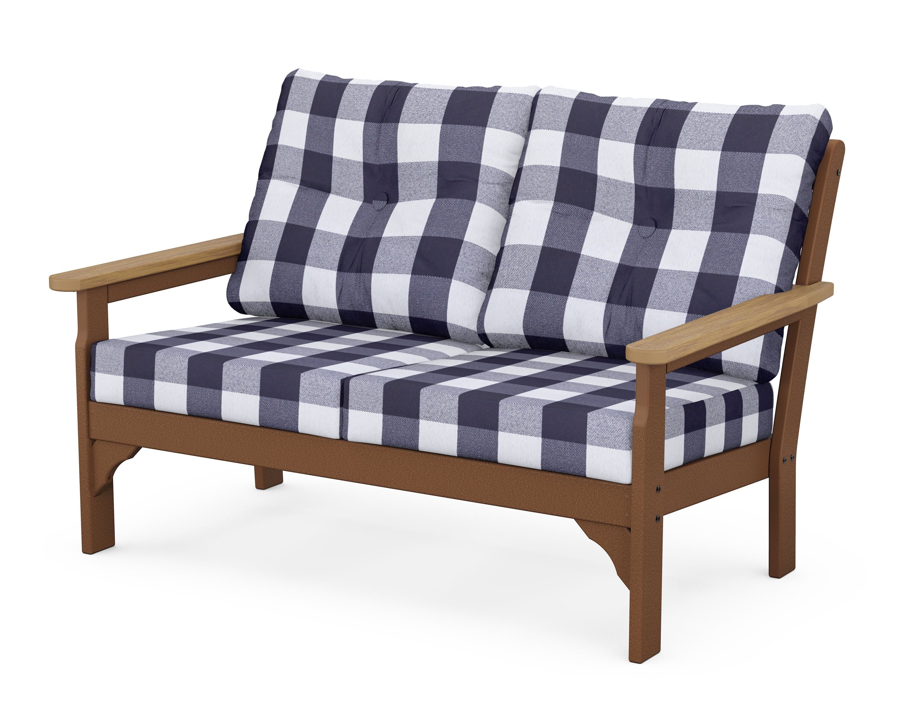 POLYWOOD® Vineyard Deep Seating Loveseat in Teak / Natural / Buffalo Plaid Navy