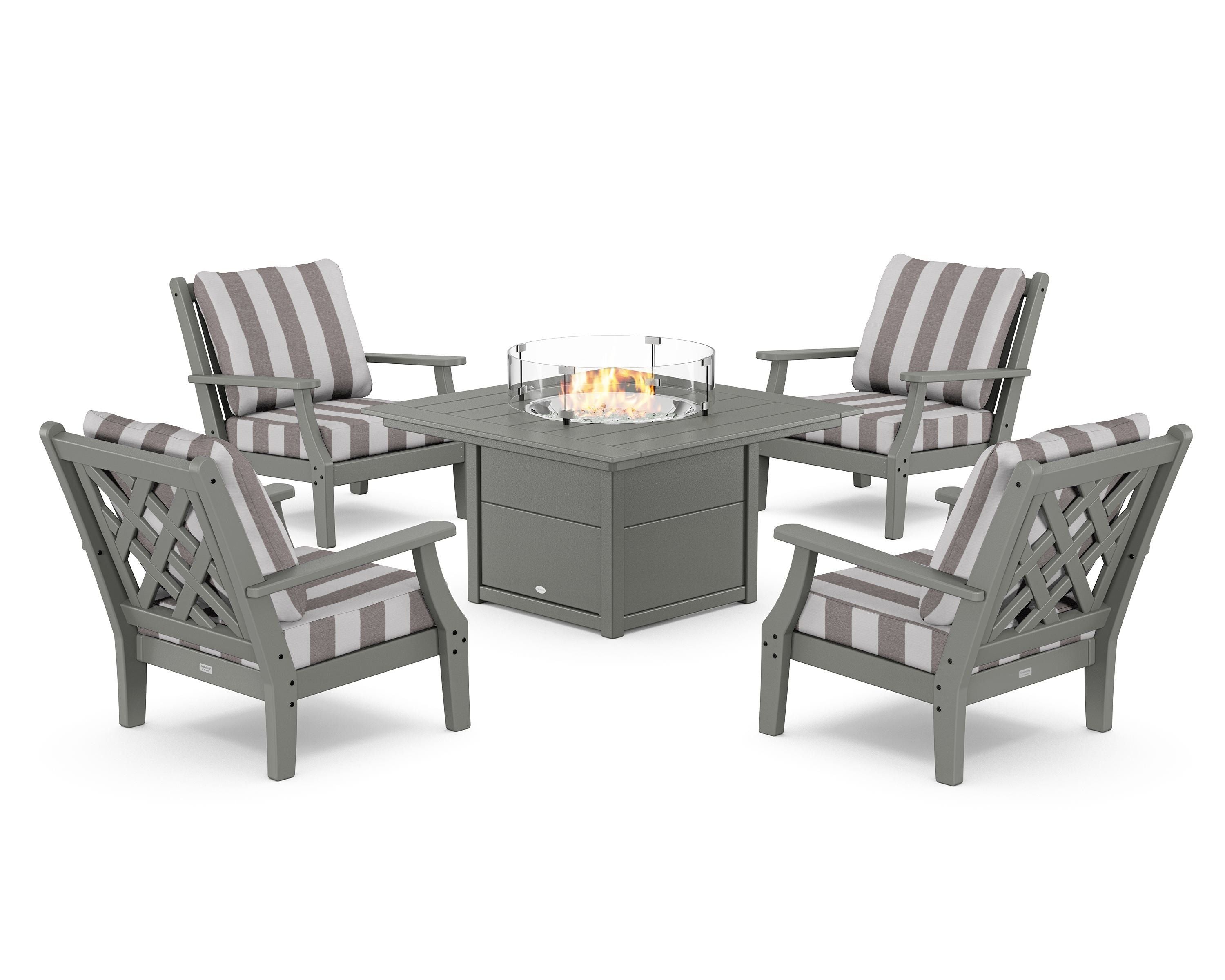 Country Living Wovendale 5-Piece Deep Seating Set with Fire Pit Table in Slate Grey / Cabana Stripe Grey Mist