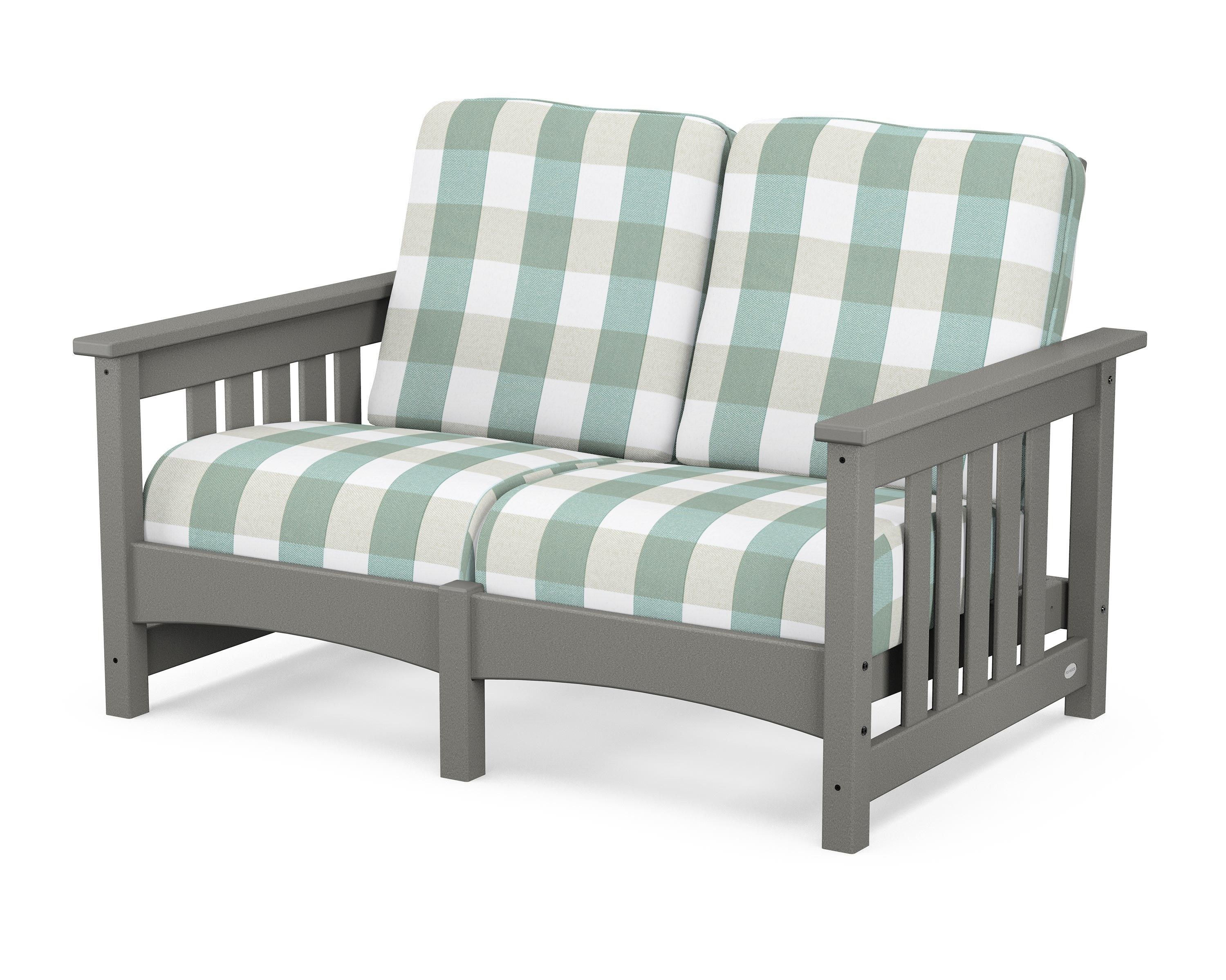 POLYWOOD® Club Mission Loveseat in Slate Grey / Buffalo Plaid Glacier Spa