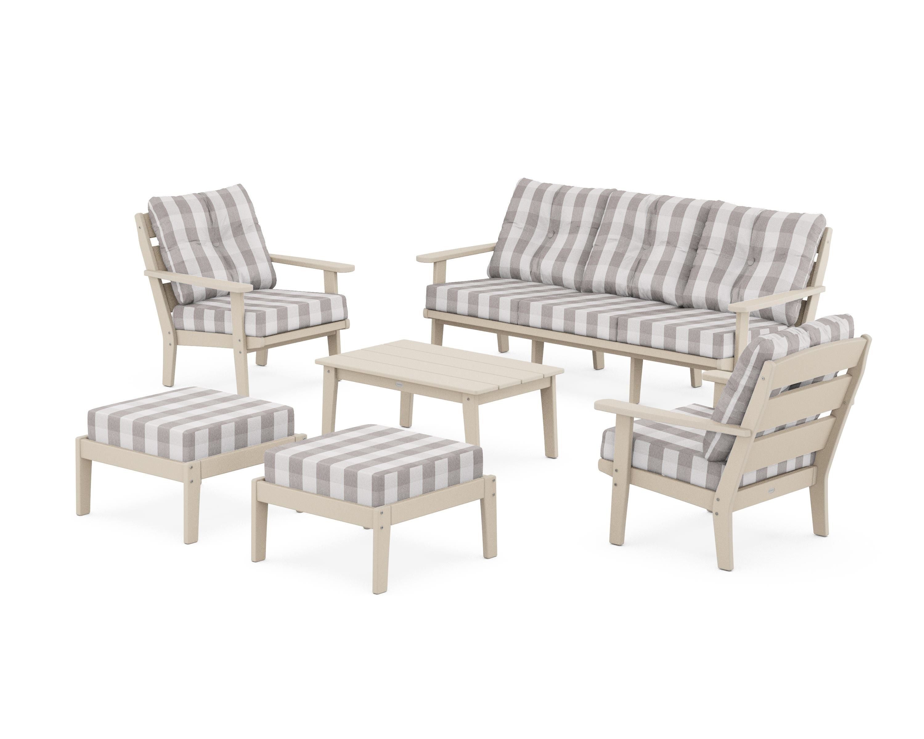POLYWOOD® Lakeside 6-Piece Lounge Sofa Set in Sand / Buffalo Plaid Grey Mist
