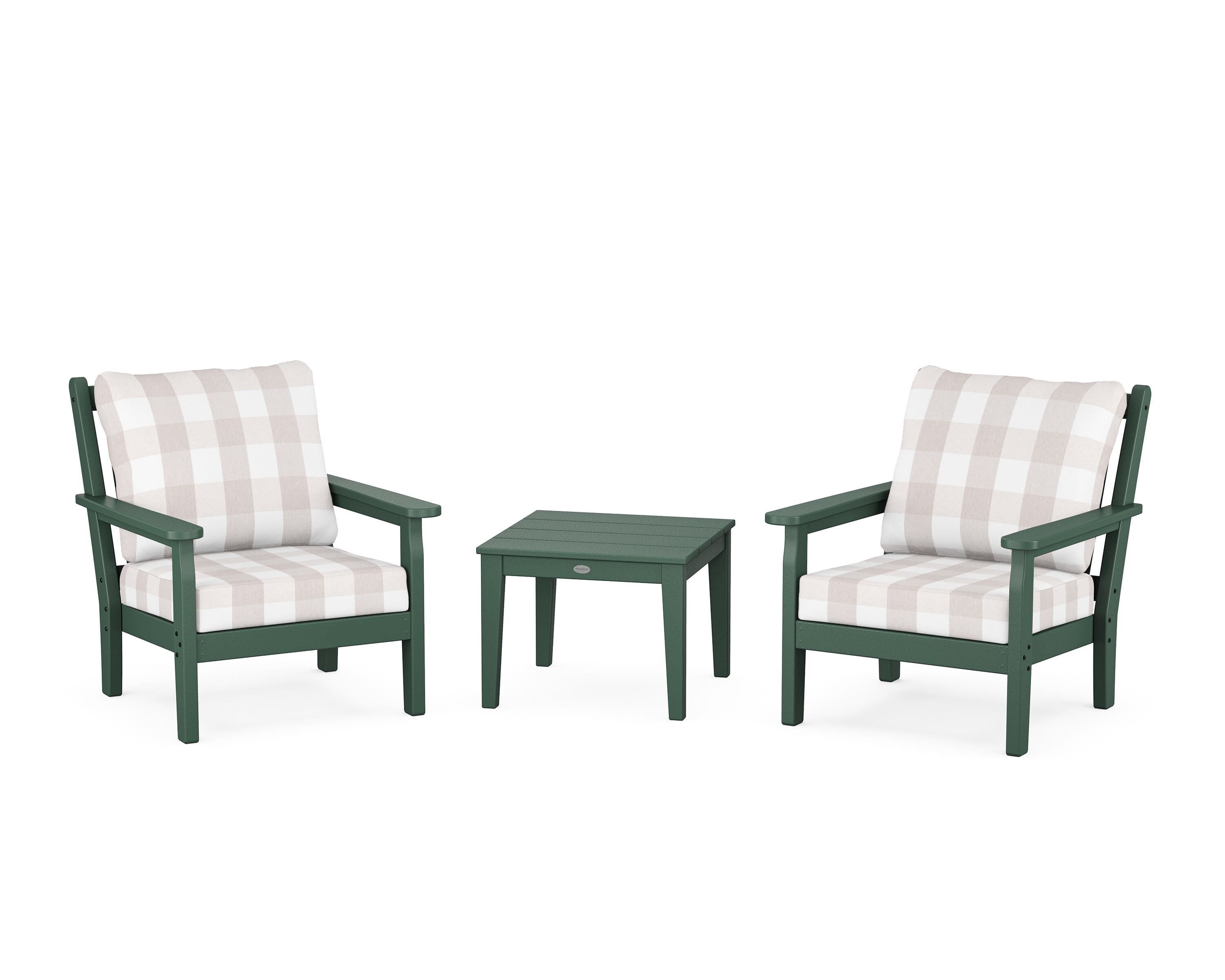 POLYWOOD® Chippendale 3-Piece Deep Seating Set in Green / Buffalo Plaid Dune Burlap