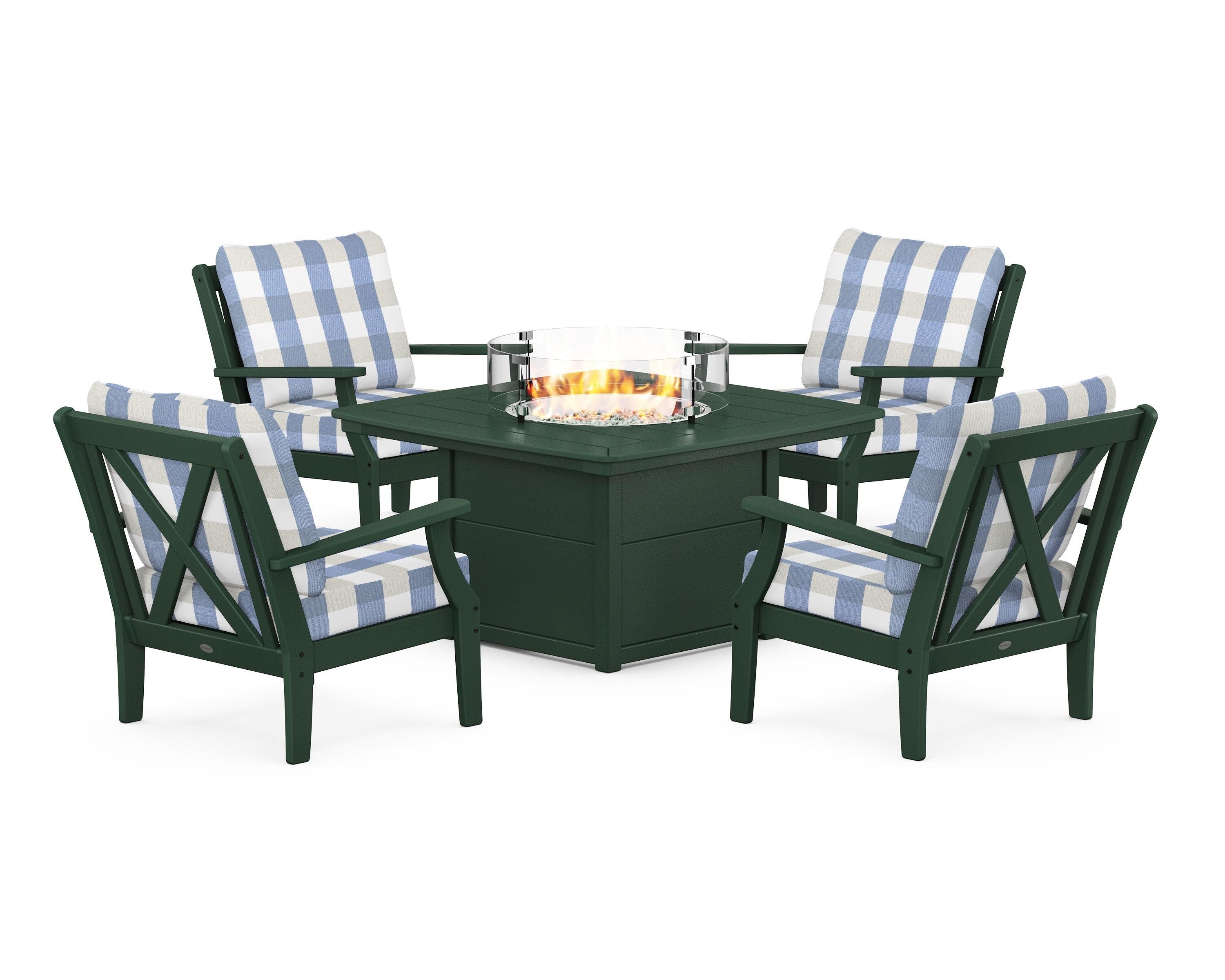 POLYWOOD® Braxton 5-Piece Deep Seating Conversation Set with Fire Pit Table in Green / Buffalo Plaid Sky Blue