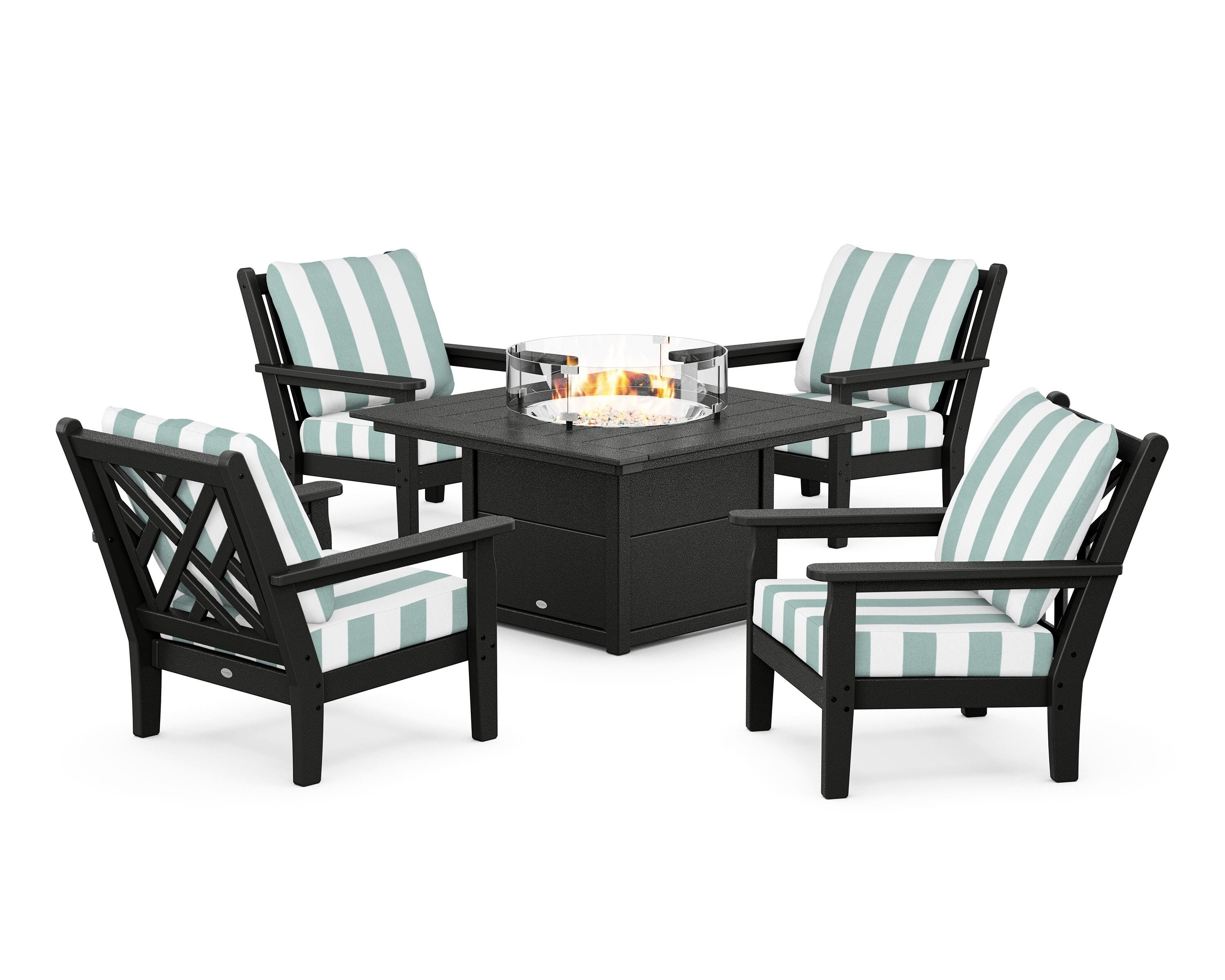 POLYWOOD® Chippendale 5-Piece Deep Seating Set with Fire Pit Table in Black / Cabana Stripe Glacier Spa