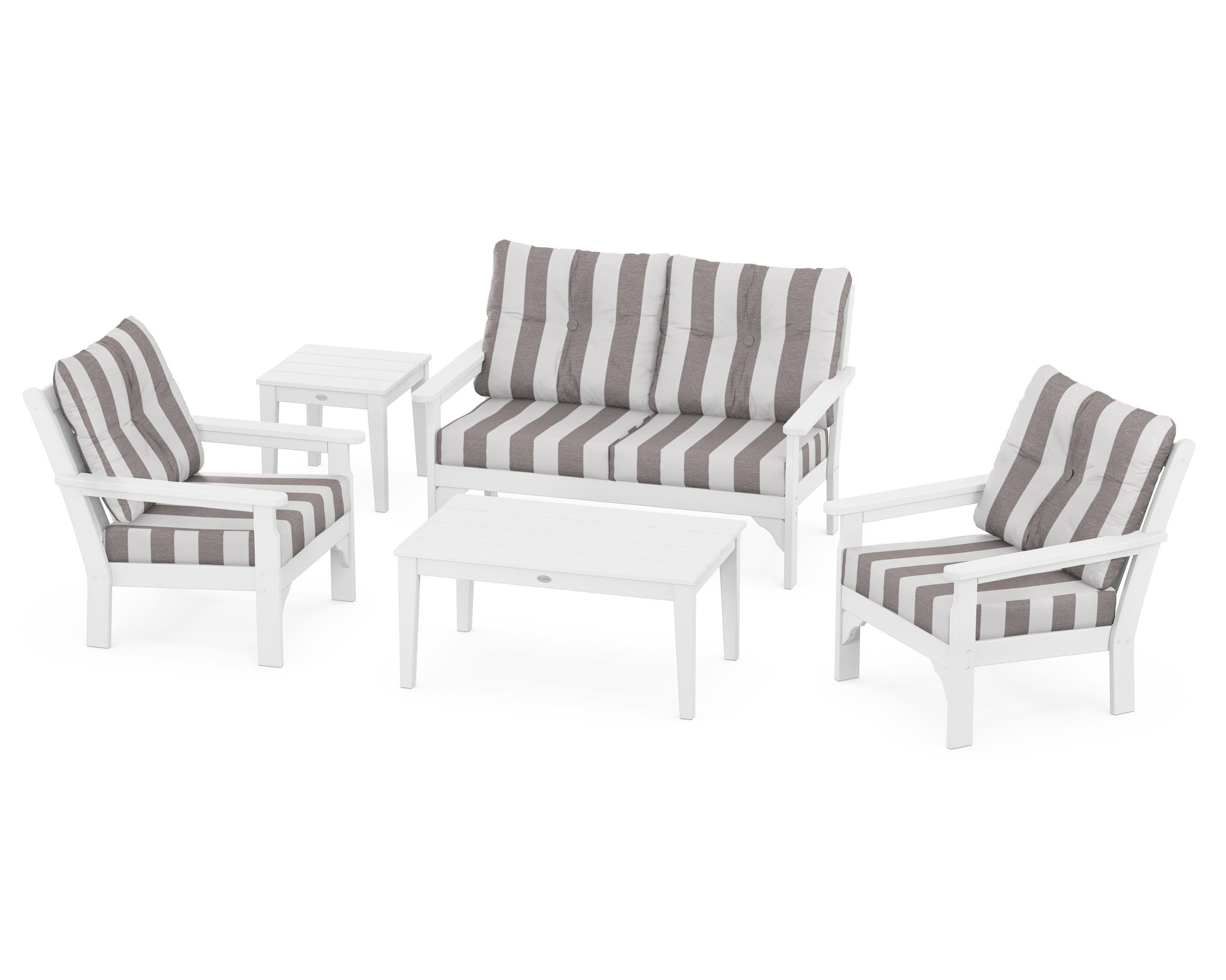 POLYWOOD® Vineyard 5-Piece Deep Seating Set in White / Cabana Stripe Grey Mist