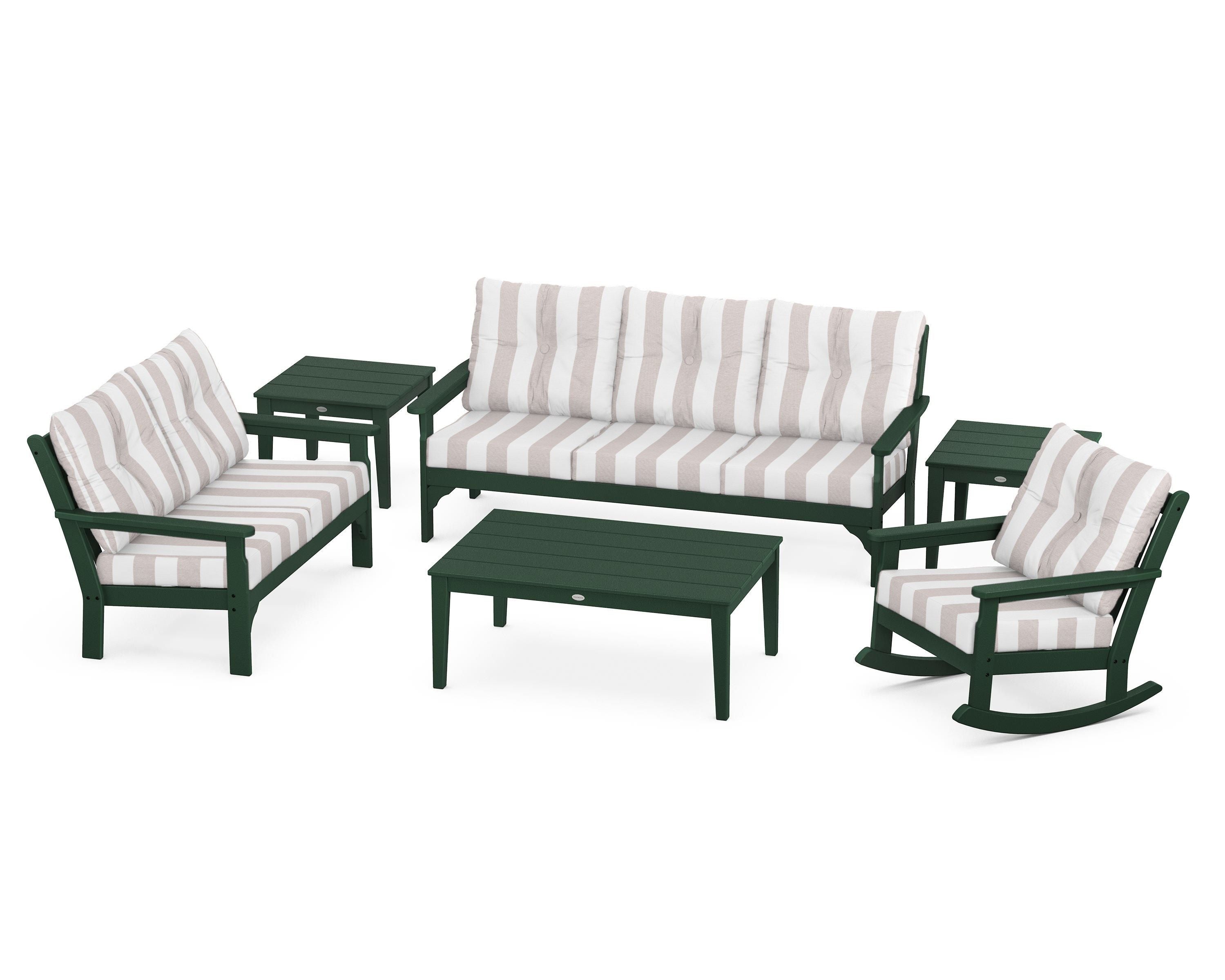POLYWOOD® Vineyard 6-Piece Deep Seating Set in Green / Cabana Stripe Dune Burlap