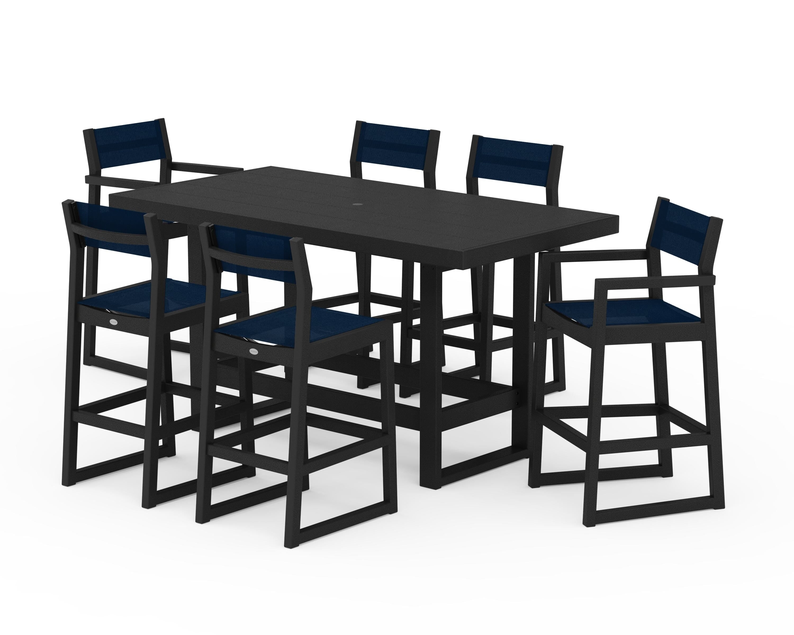 POLYWOOD® EDGE Sling 7-Piece Bar Table Set in Black / Navy Blue Sling