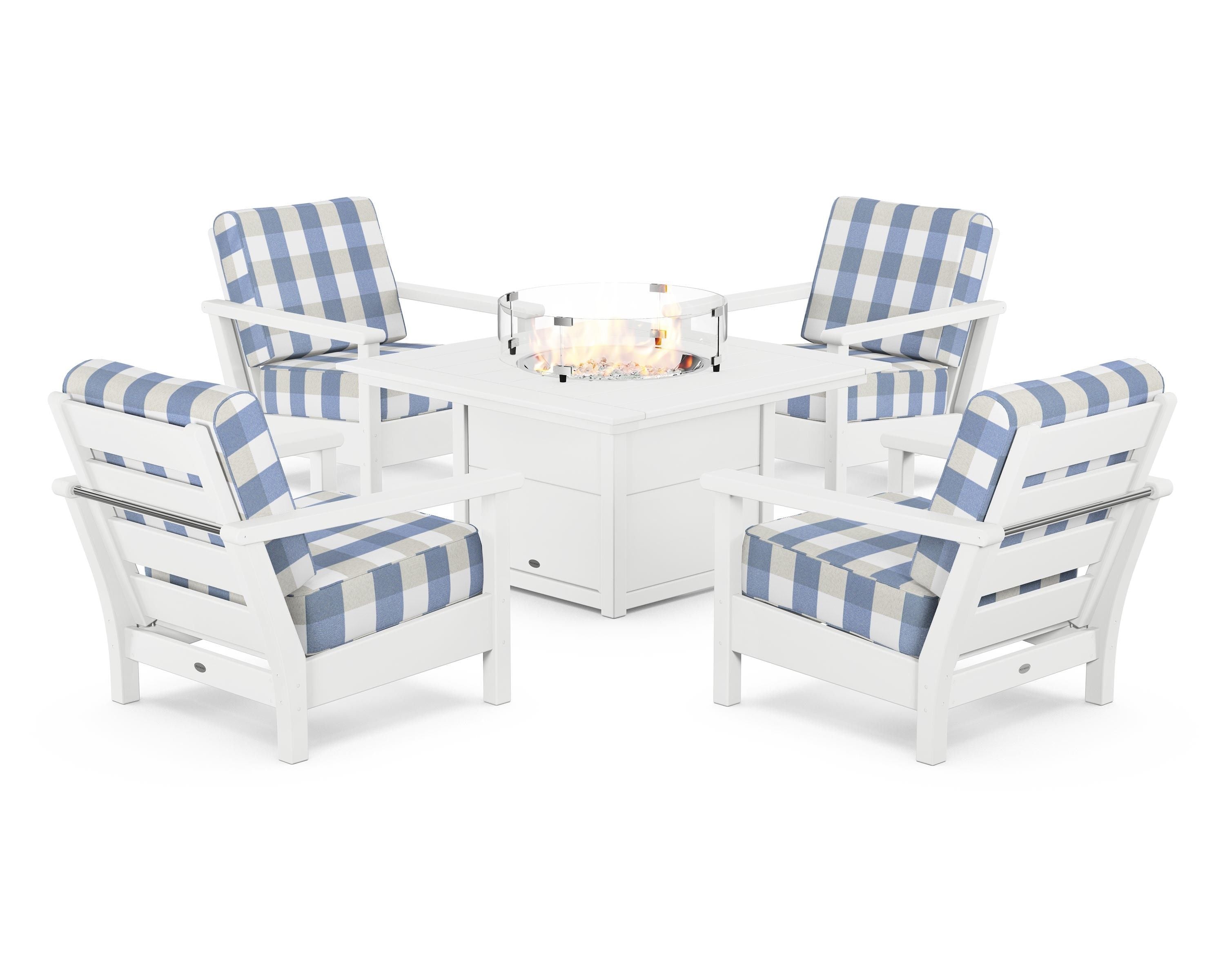 POLYWOOD® Harbour 5-Piece Conversation Set with Fire Pit Table in White / Buffalo Plaid Sky Blue