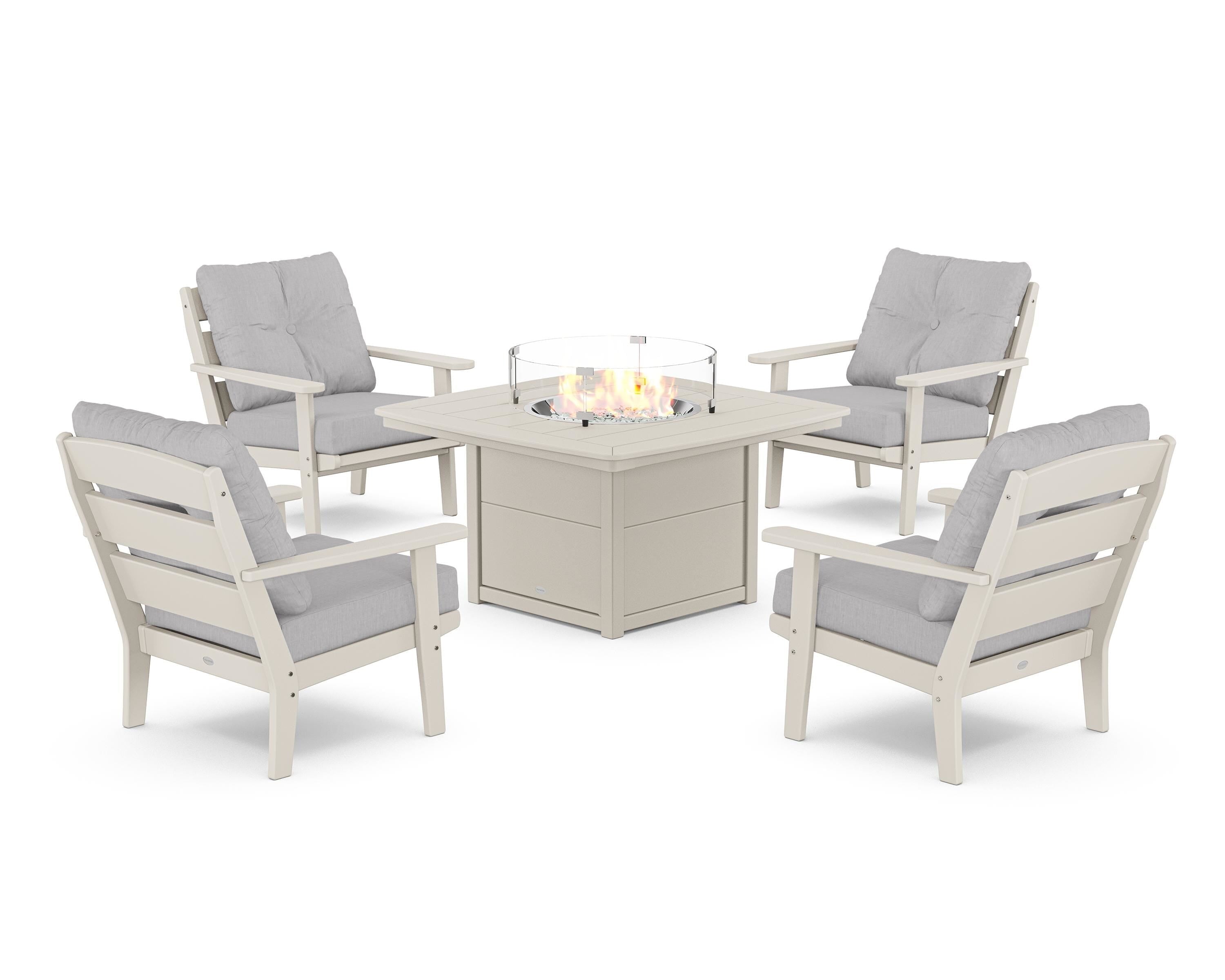 POLYWOOD® Lakeside 5-Piece Deep Seating Set with Nautical Fire Pit Table in Sand / Granite