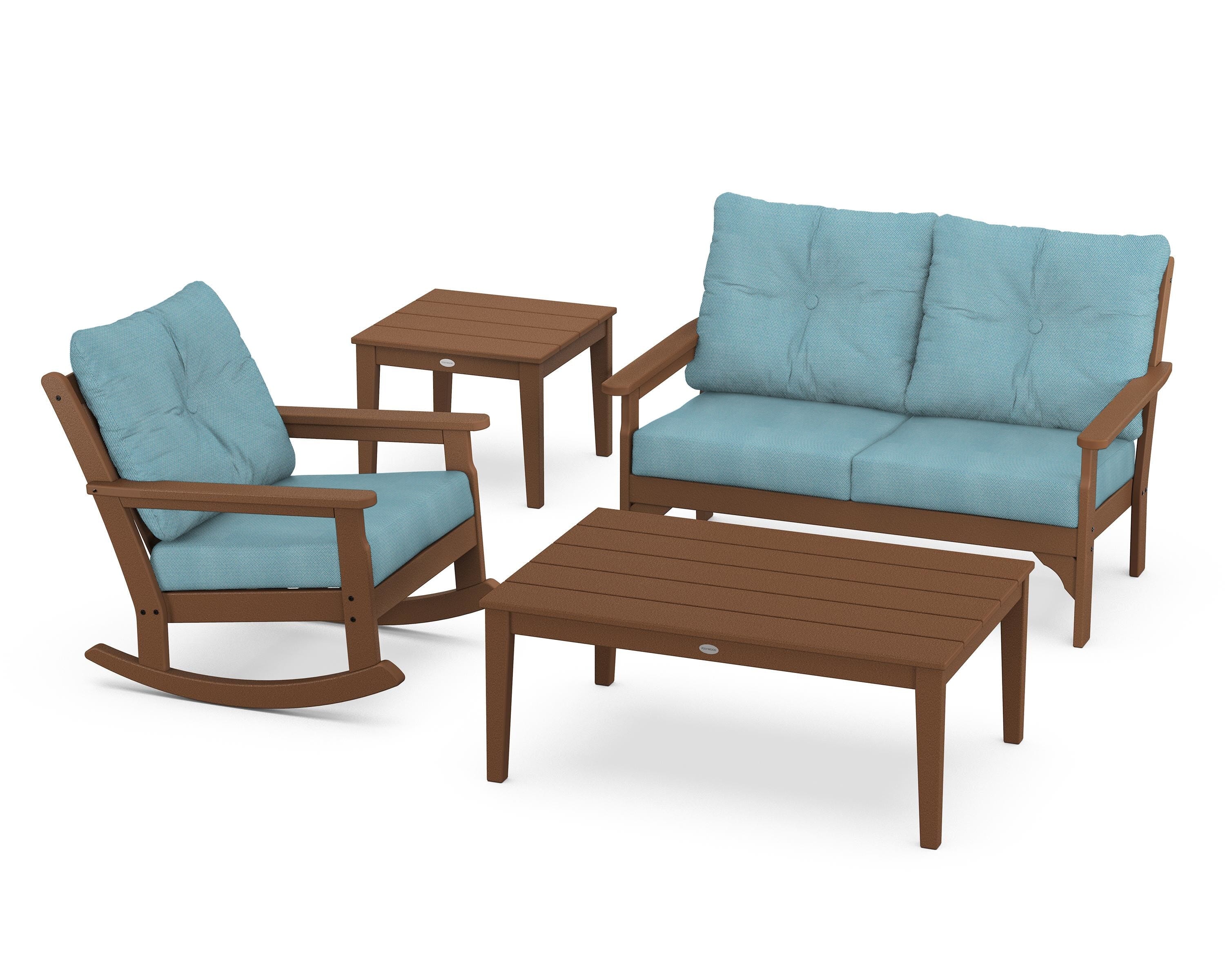 POLYWOOD® Vineyard 4-Piece Deep Seating Rocker Set in Teak / Lattice Sky Blue