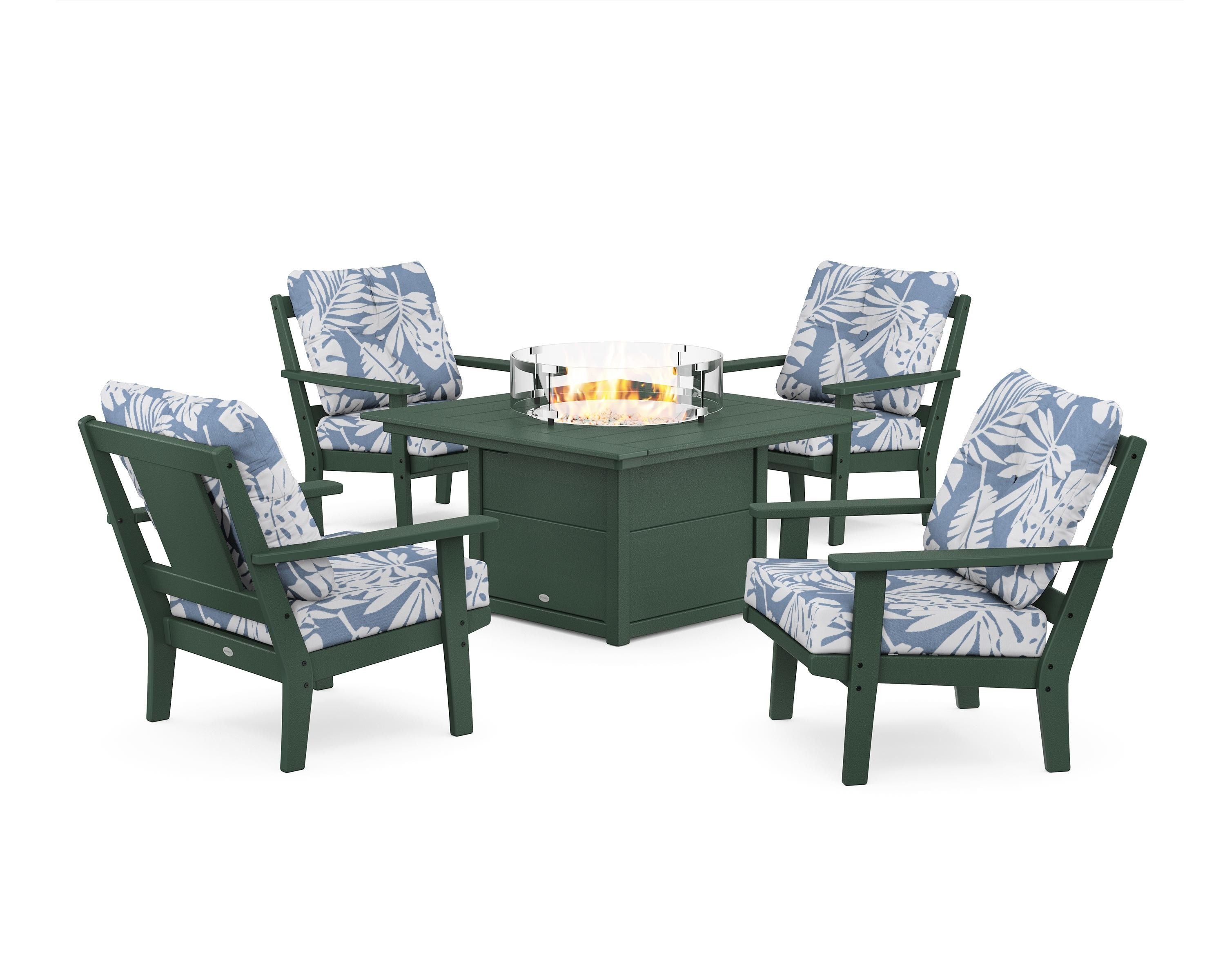 POLYWOOD® Prairie 5-Piece Deep Seating Set with Fire Pit Table in Green / Leaf Sky Blue