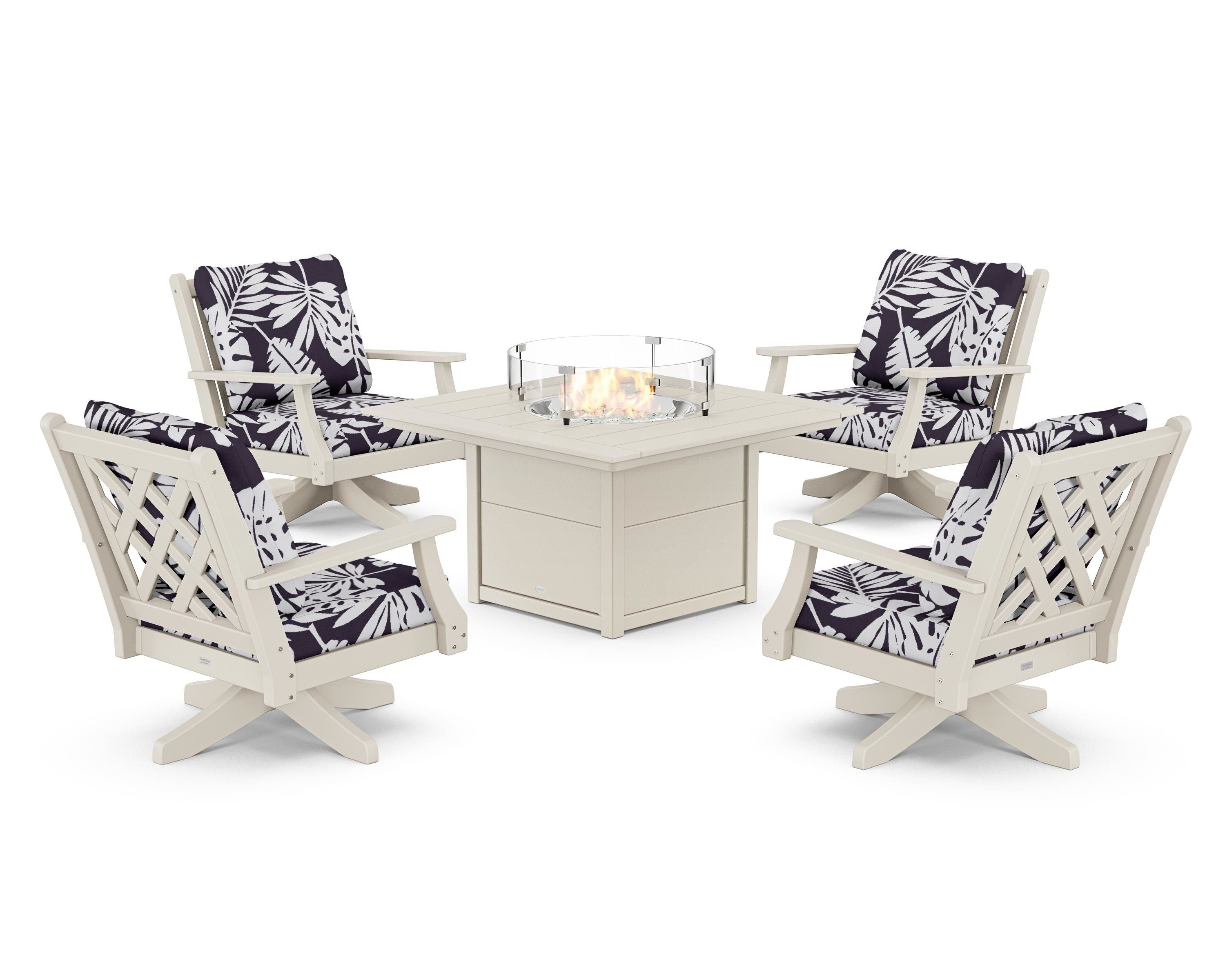 Country Living Wovendale 5-Piece Deep Seating Swivel Conversation Set with Fire Pit Table in Sand / Leaf Navy