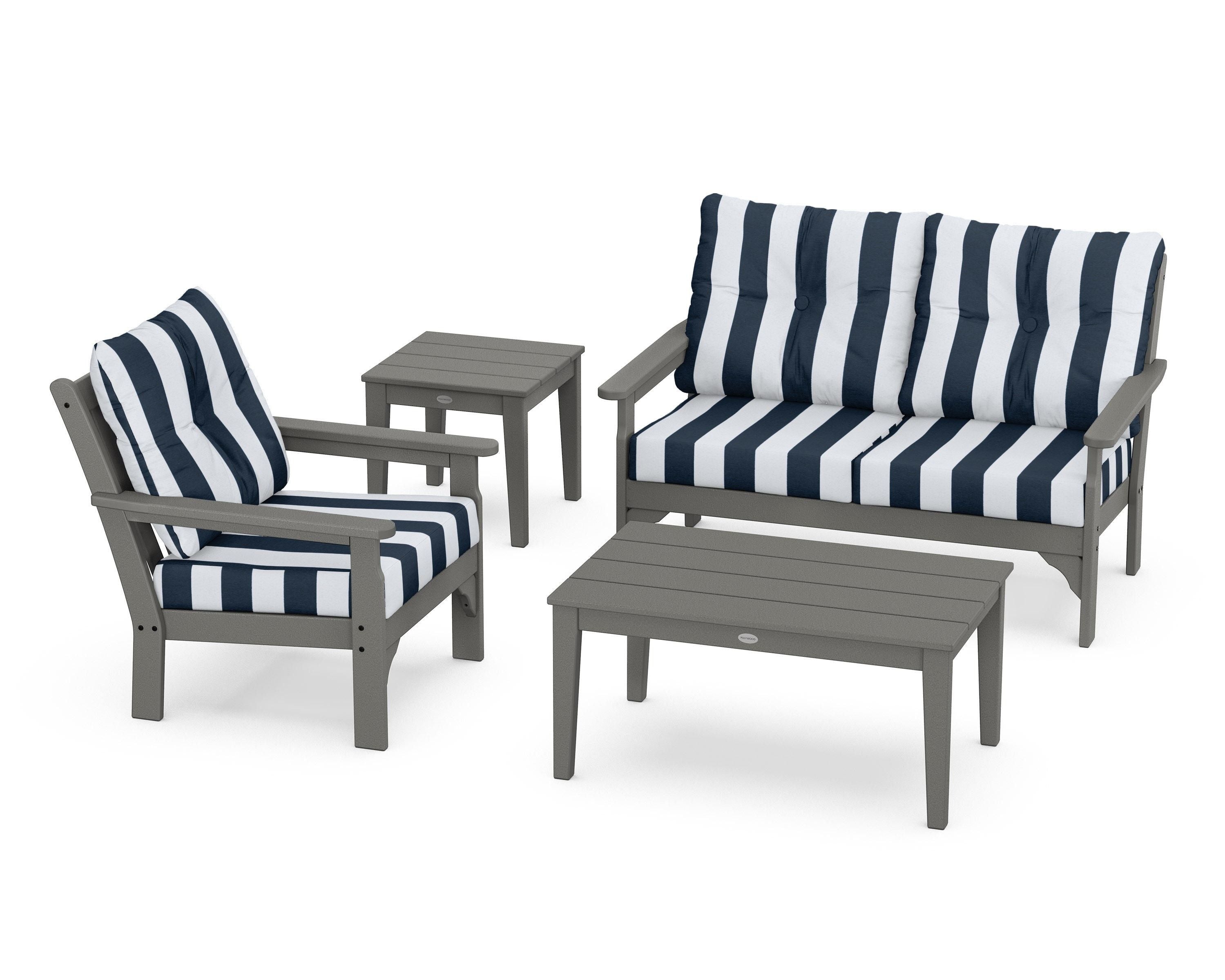 POLYWOOD® Vineyard 4-Piece Deep Seating Set in Slate Grey / Cabana Stripe Marine Indigo