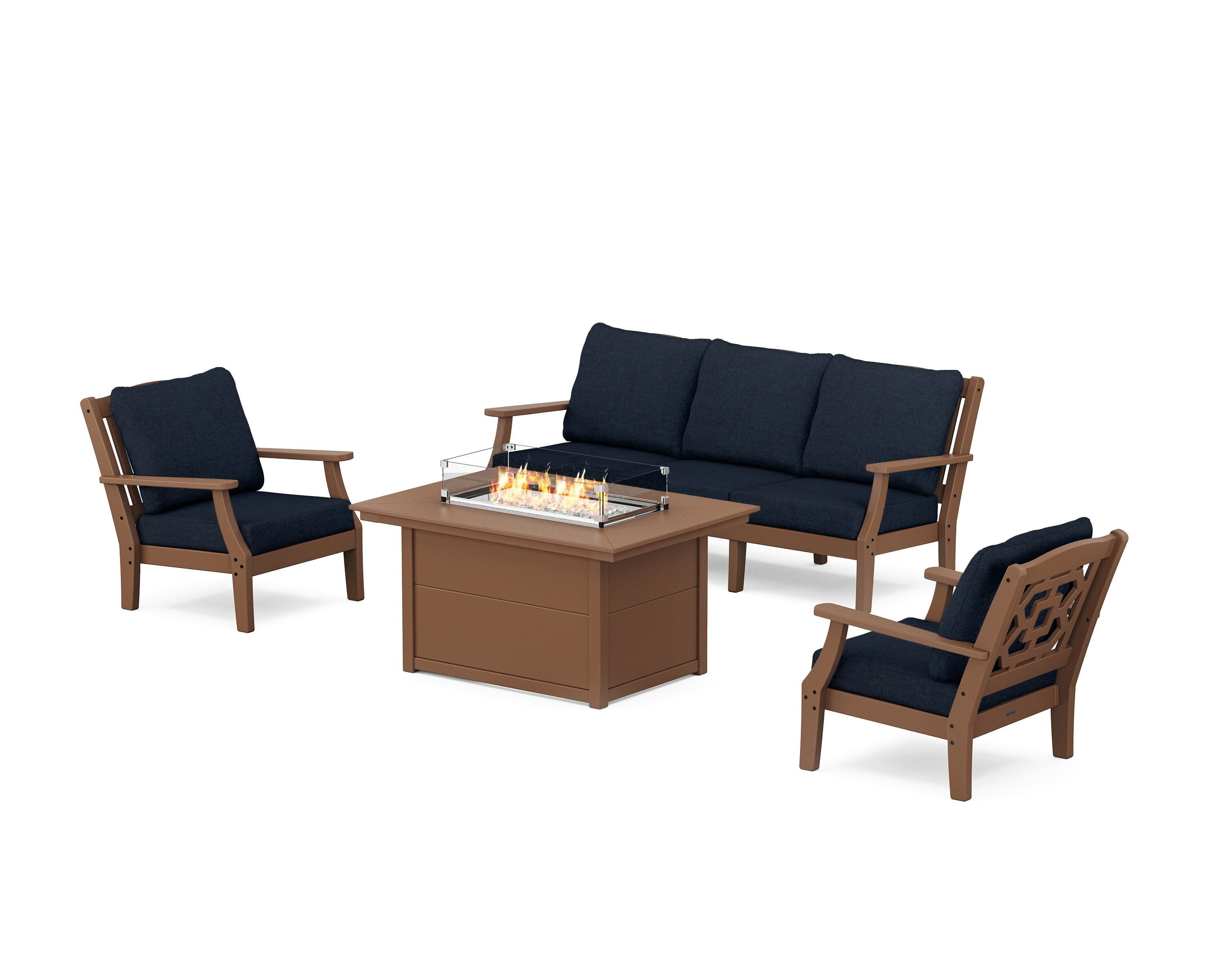 Martha Stewart by POLYWOOD® Chinoiserie Deep Seating Fire Pit Table Set in Teak / Marine Indigo