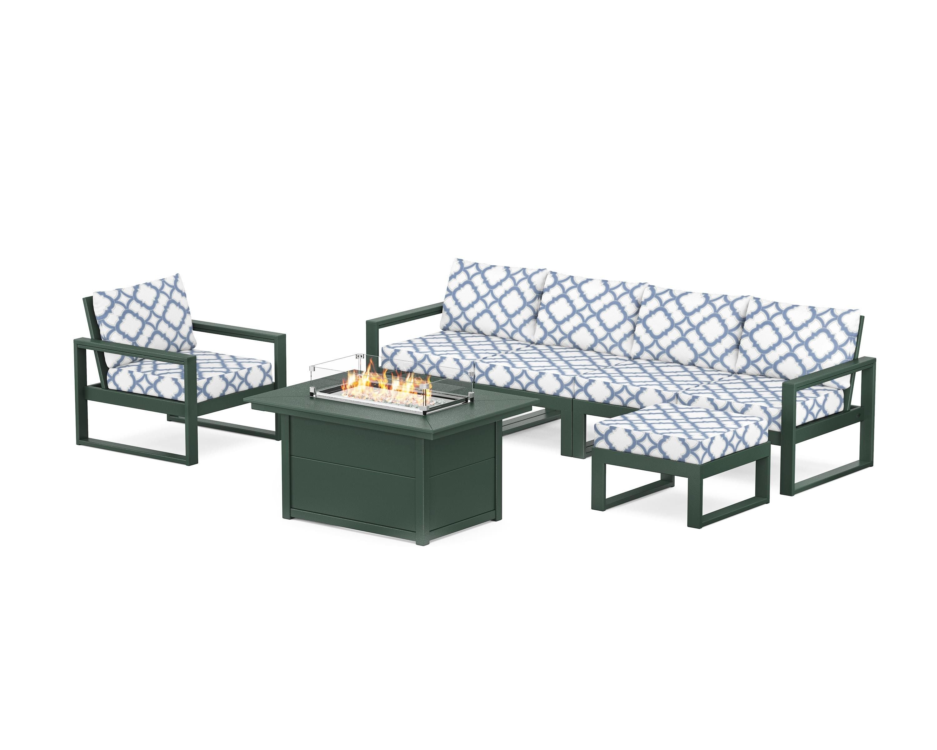 POLYWOOD® EDGE Sectional Lounge and Fire Pit Set in Green / Trellis Sky Blue