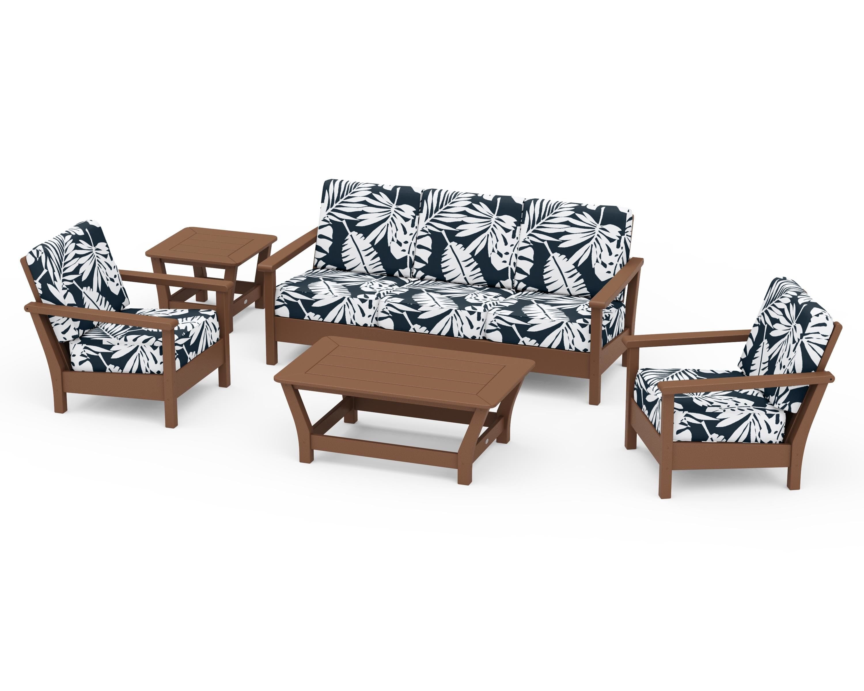 POLYWOOD® Harbour 5-Piece Deep Seating Set in Teak / Leaf Marine Indigo