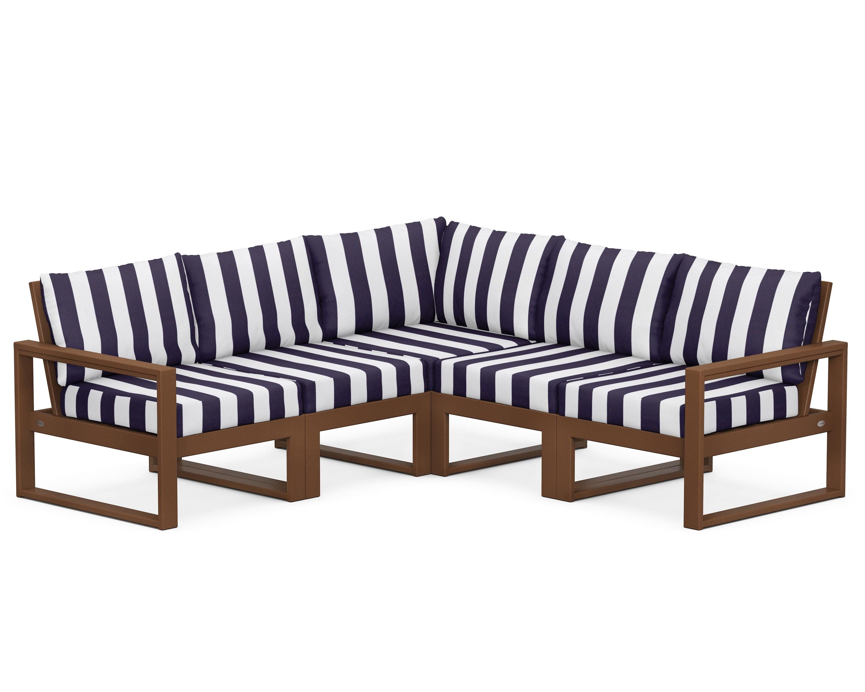 POLYWOOD® EDGE 5-Piece Modular Deep Seating Set in Teak / Cabana Stripe Navy