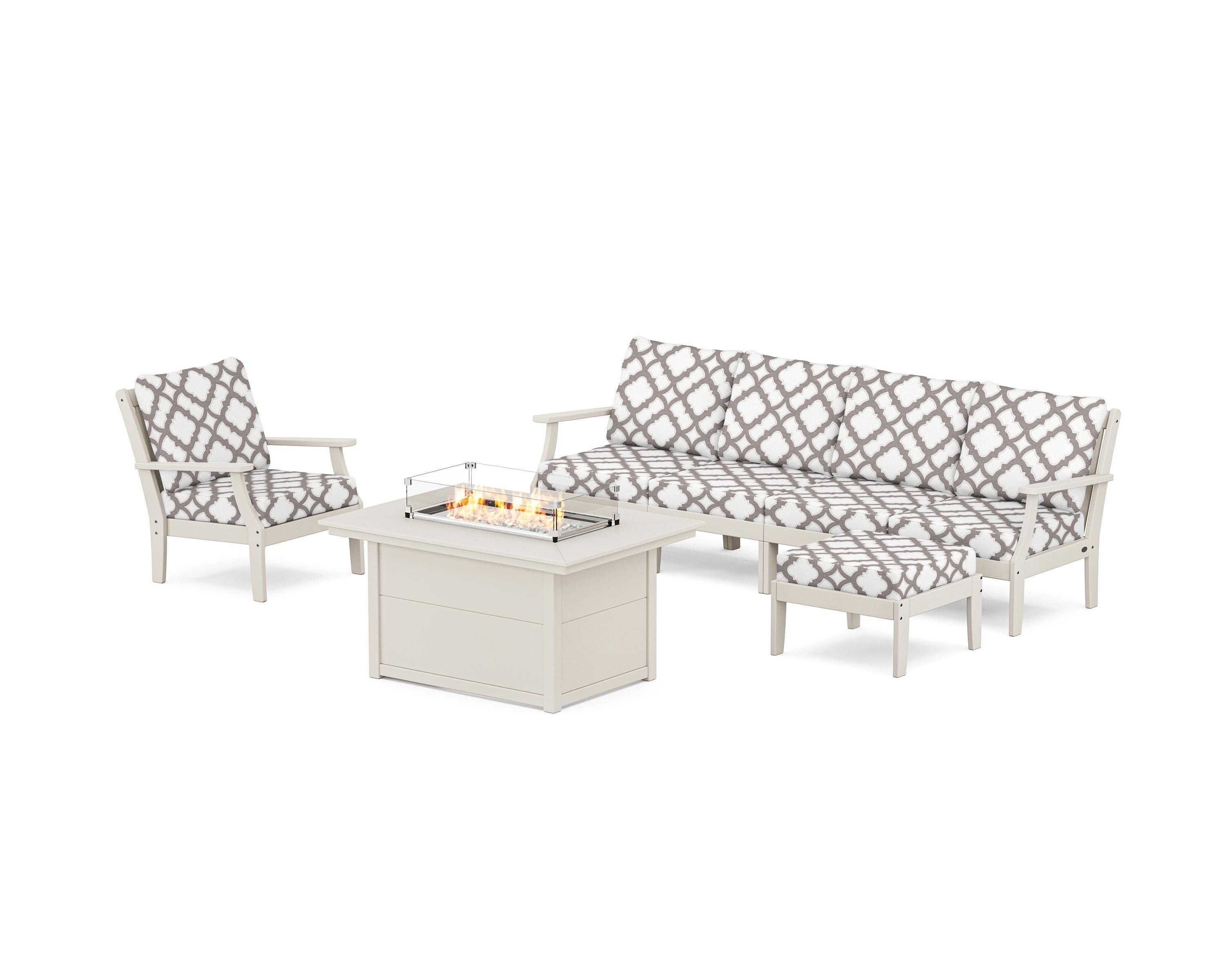 POLYWOOD® Braxton Sectional Lounge and Fire Pit Set in Sand / Trellis Grey Mist