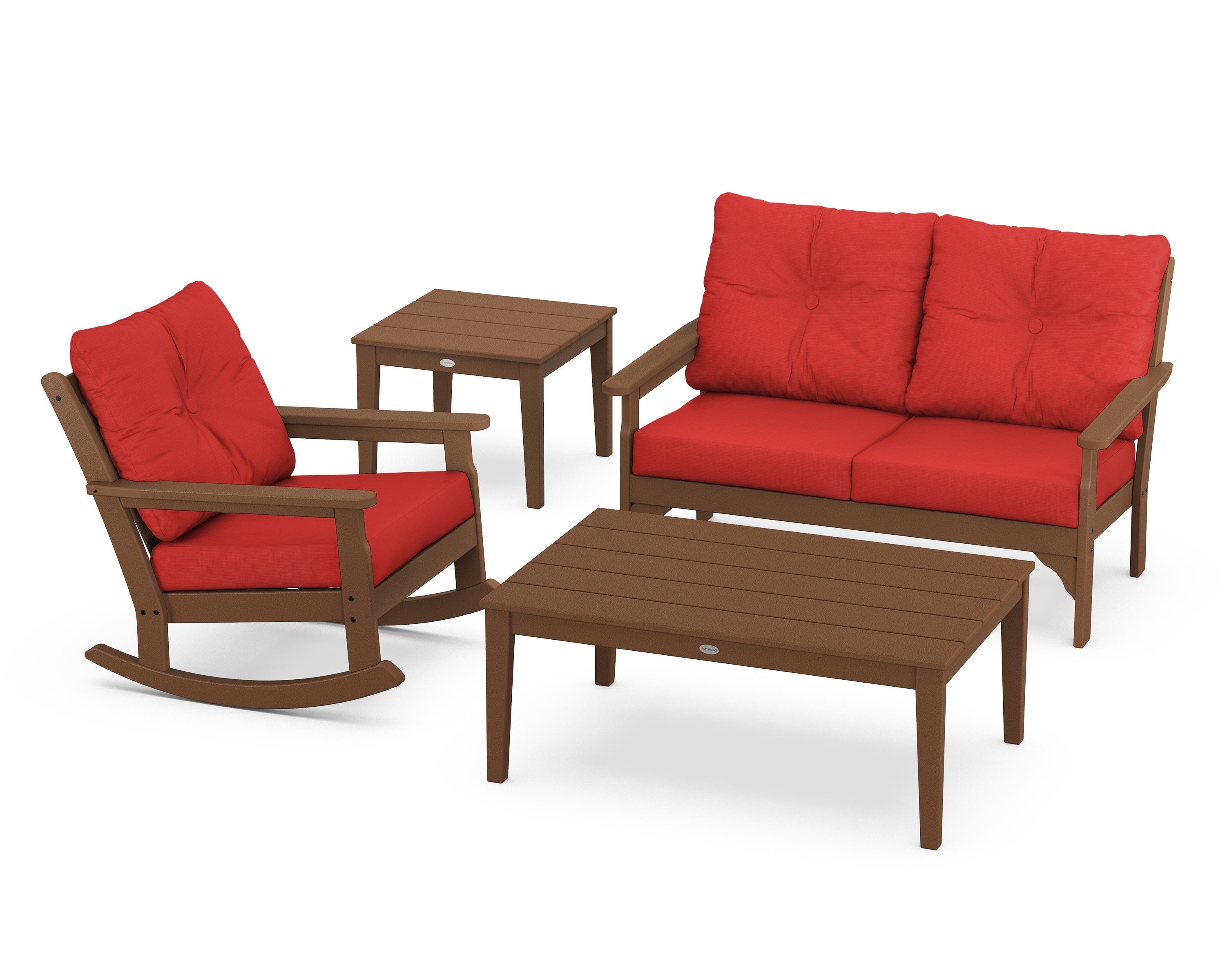 POLYWOOD® Vineyard 4-Piece Deep Seating Rocker Set in Teak / Crimson Linen