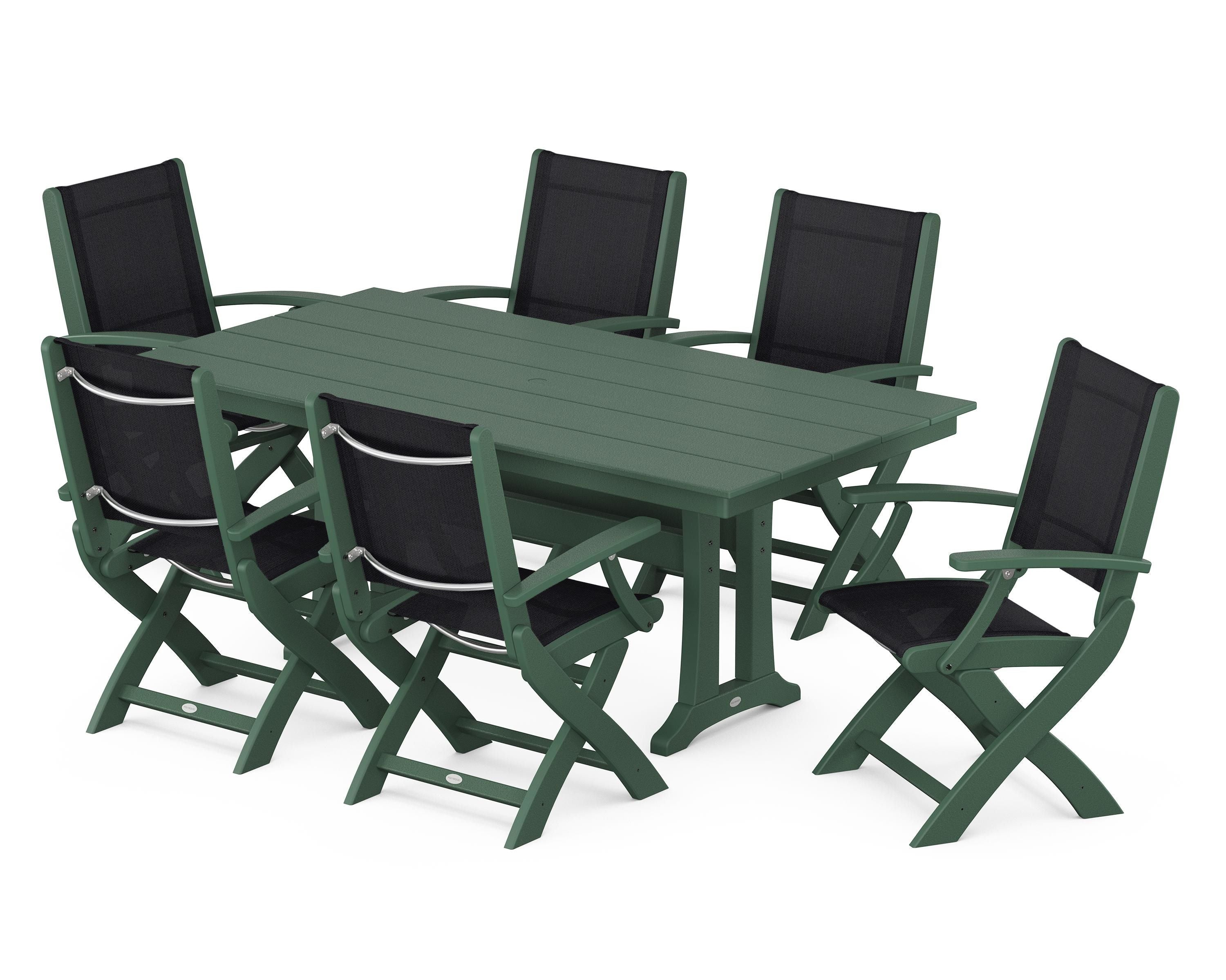 POLYWOOD® Coastal Folding Arm Chair 7-Piece Farmhouse Dining Set with Trestle Legs in Green / Black Sling