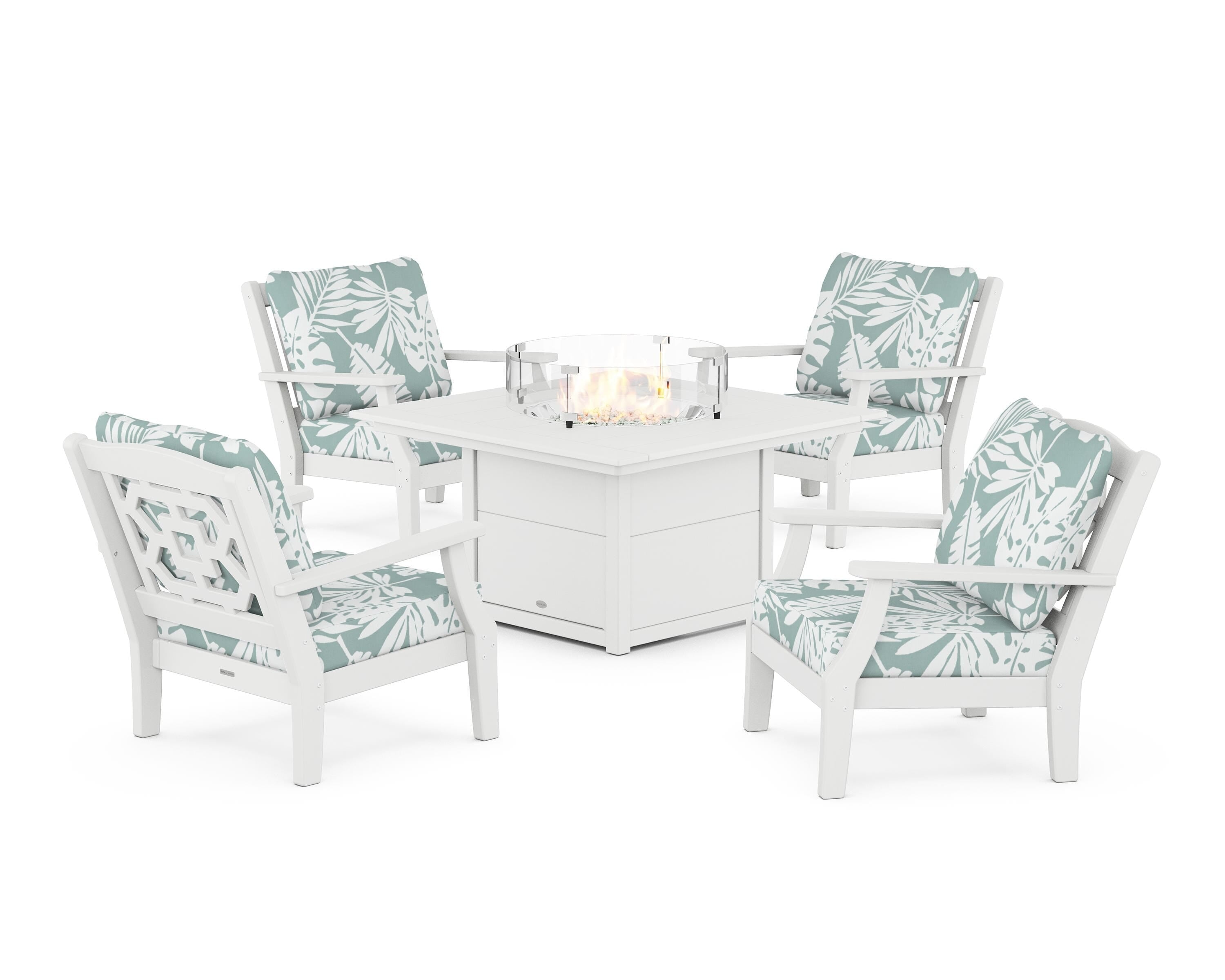 Martha Stewart by POLYWOOD® Chinoiserie 5-Piece Deep Seating Set with Fire Pit Table in White / Leaf Glacier Spa