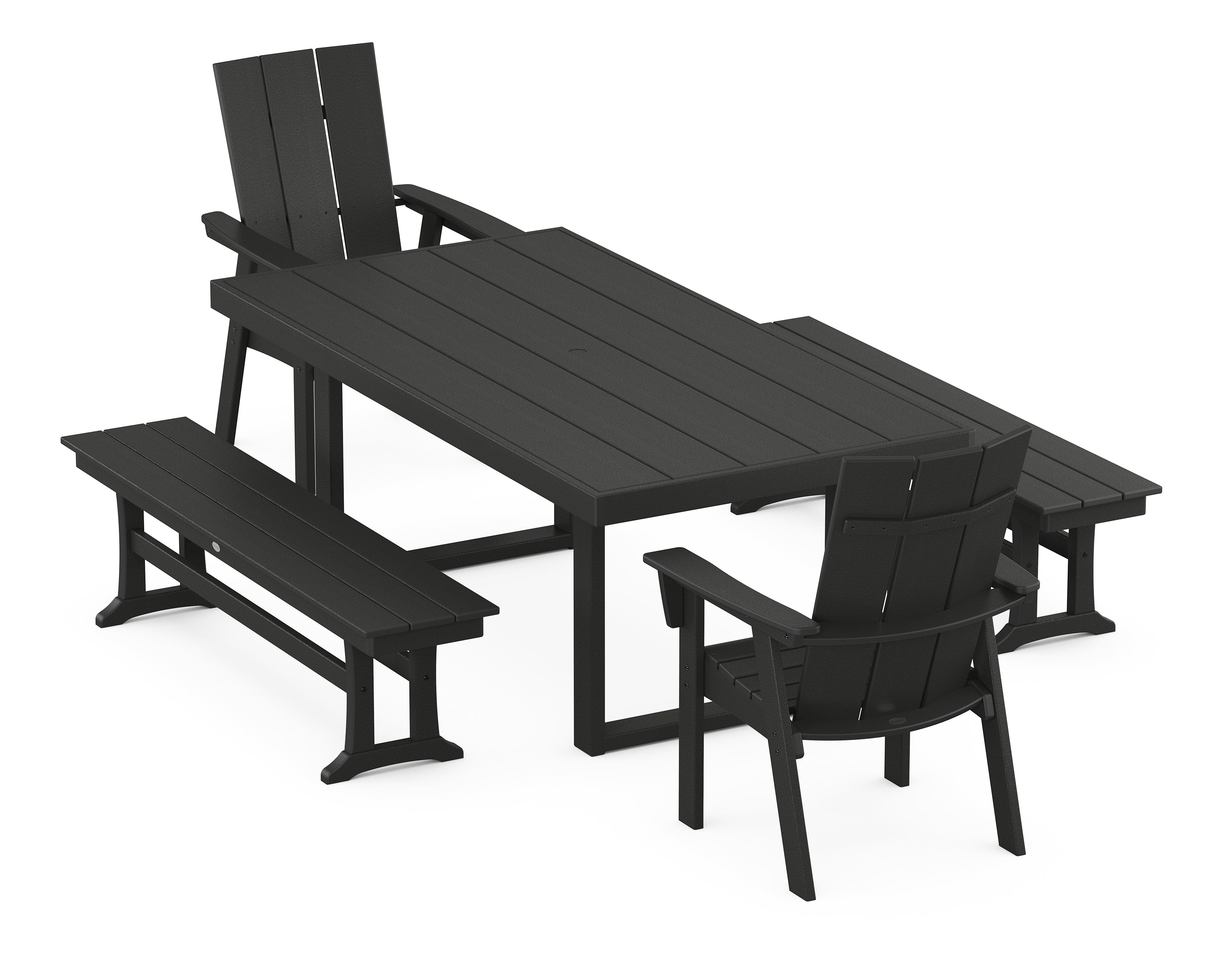 POLYWOOD® Modern Curveback Adirondack 5-Piece Dining Set with Benches in Black