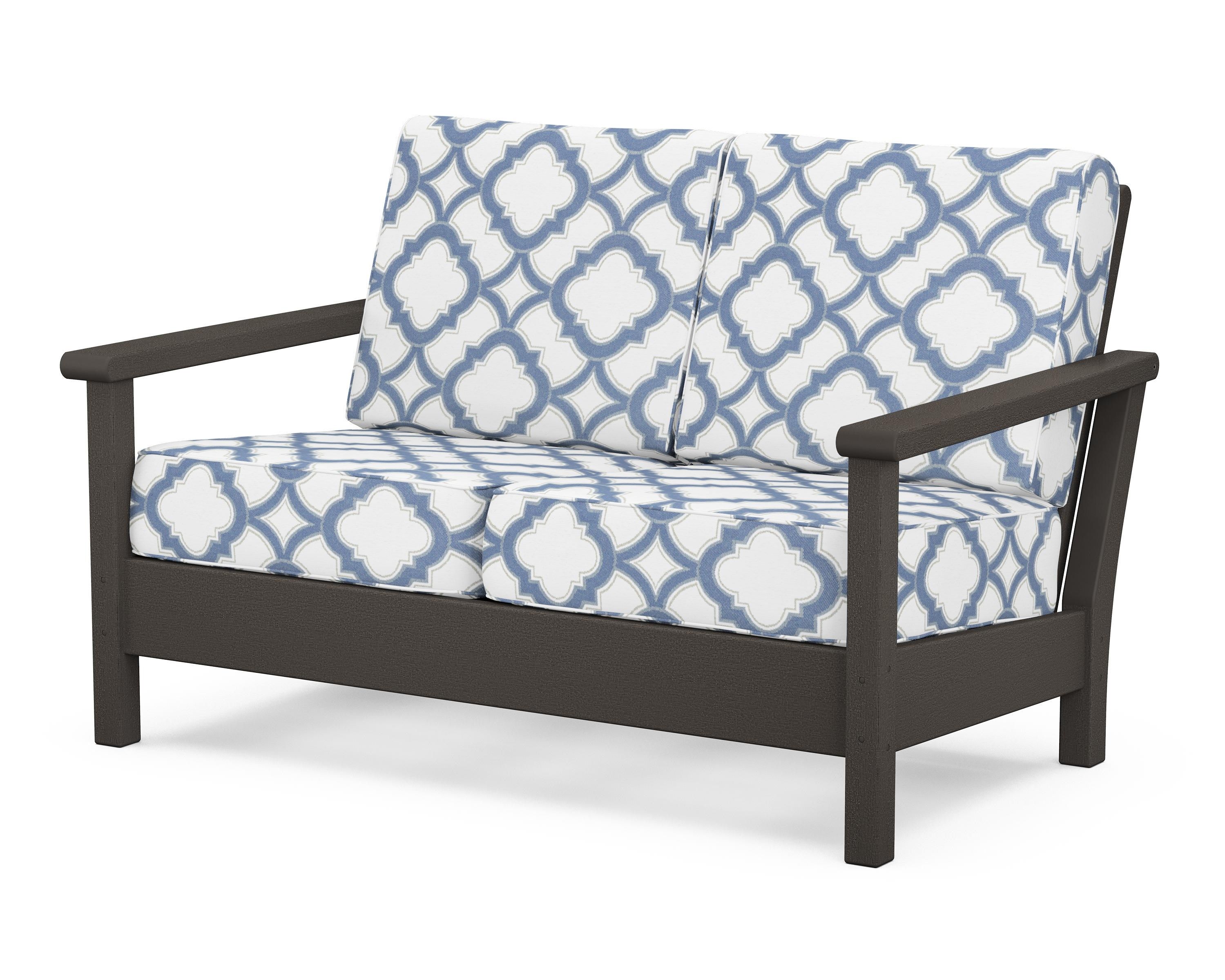 POLYWOOD® Harbour Deep Seating Loveseat in Vintage Coffee / Trellis Sky Blue
