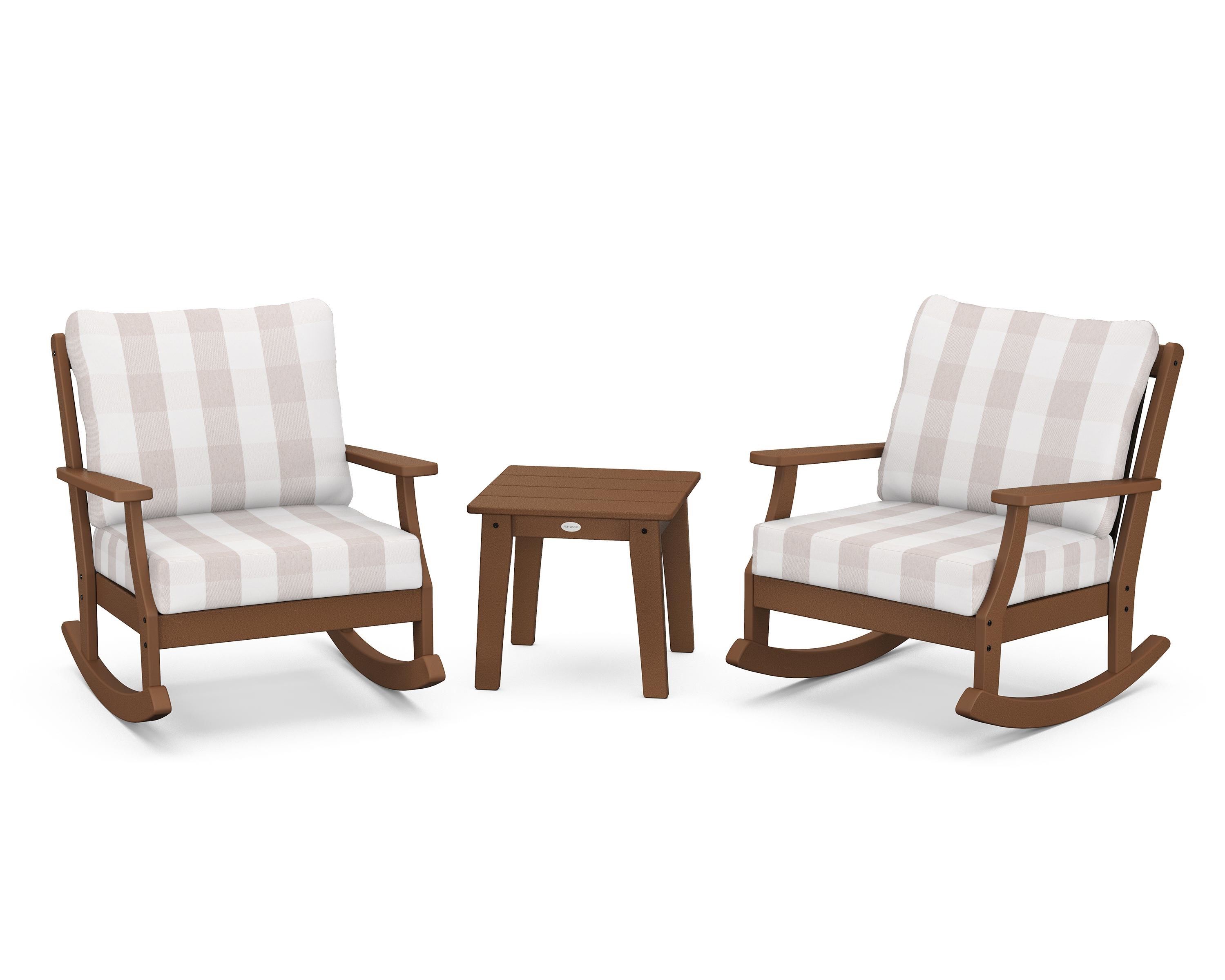 POLYWOOD® Braxton 3-Piece Deep Seating Rocker Set in Teak / Buffalo Plaid Dune Burlap