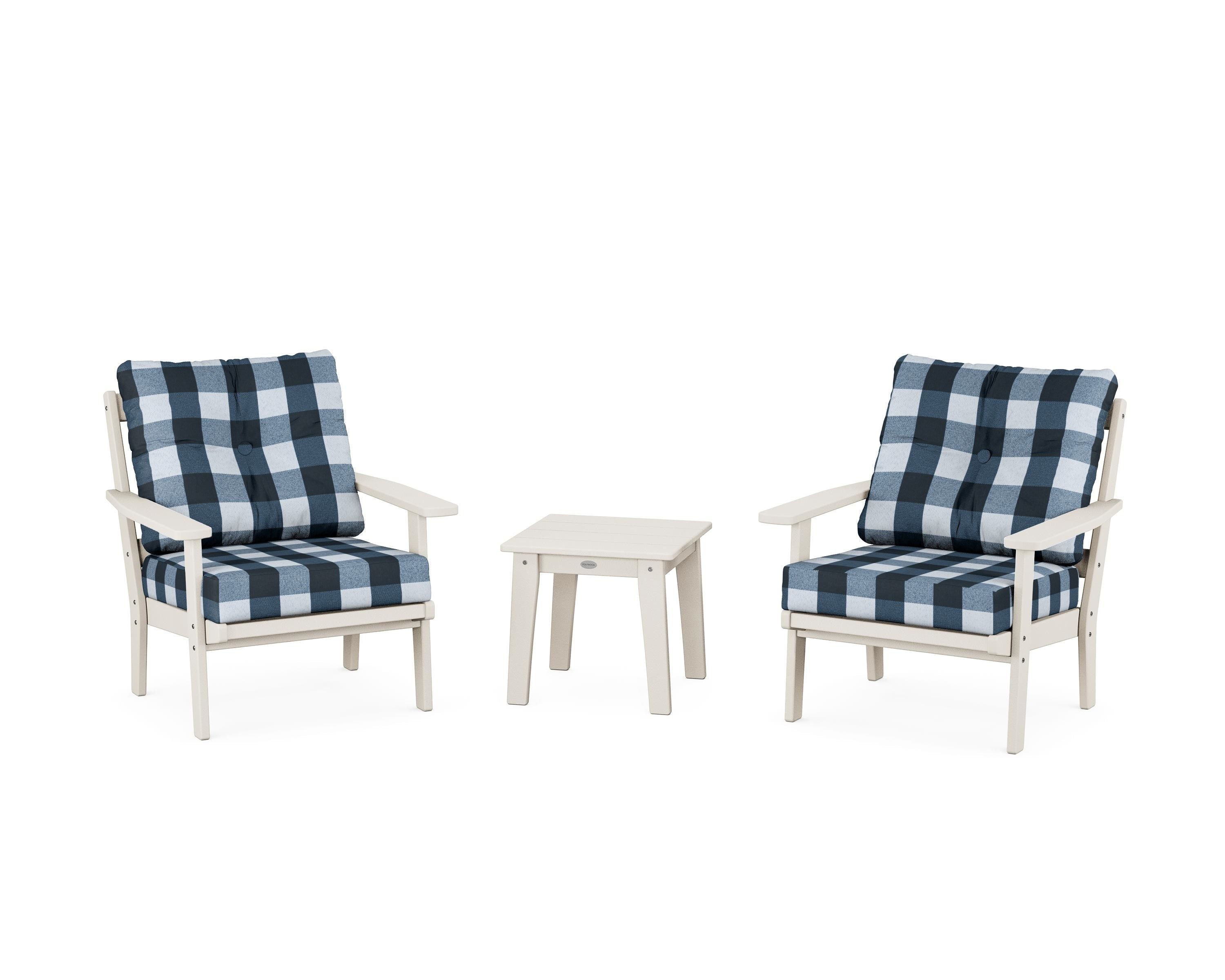 POLYWOOD® Prairie 3-Piece Deep Seating Set in Sand / Buffalo Plaid Marine Indigo