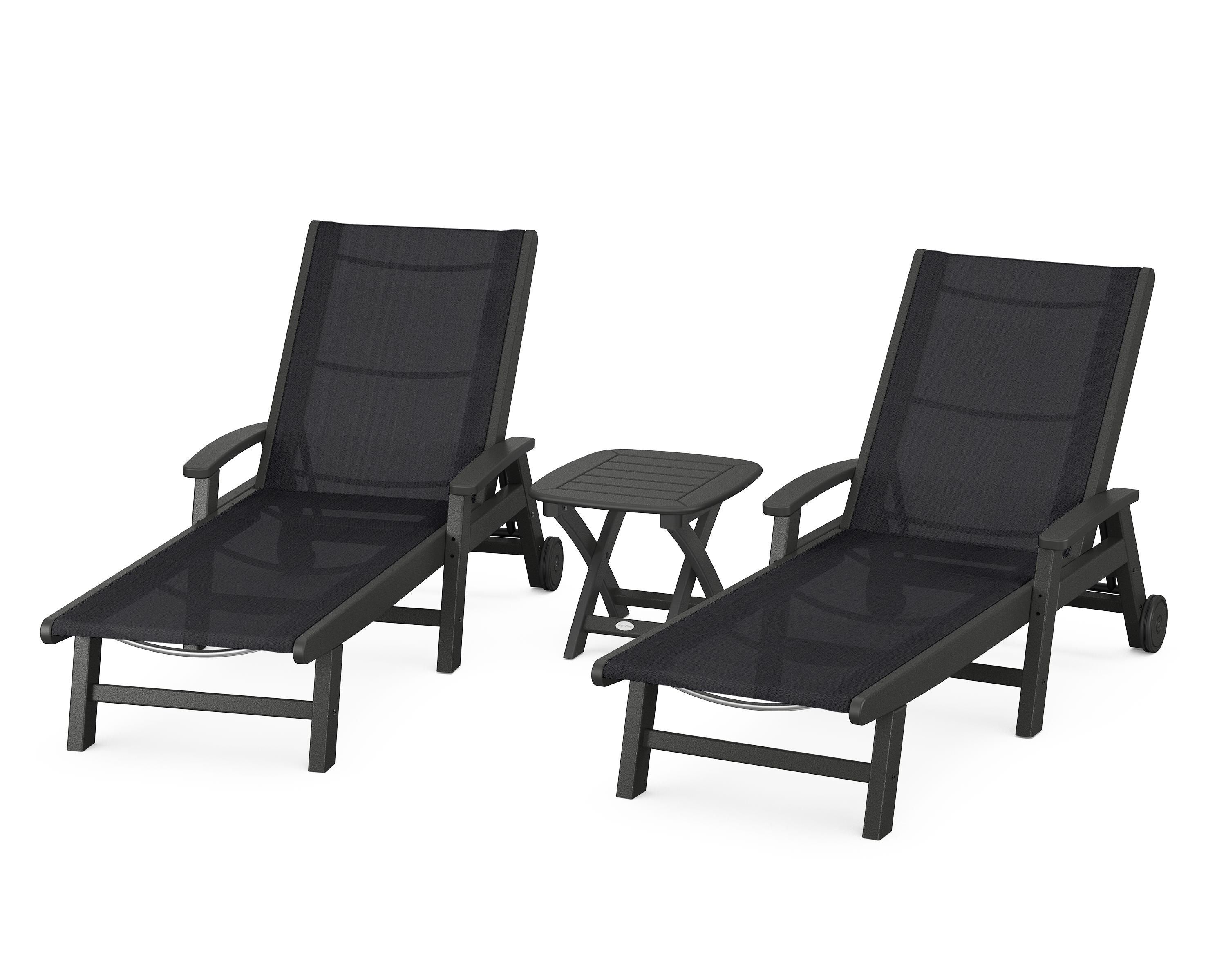 POLYWOOD® Coastal 3-Piece Wheeled Chaise Set in Black / Black Sling