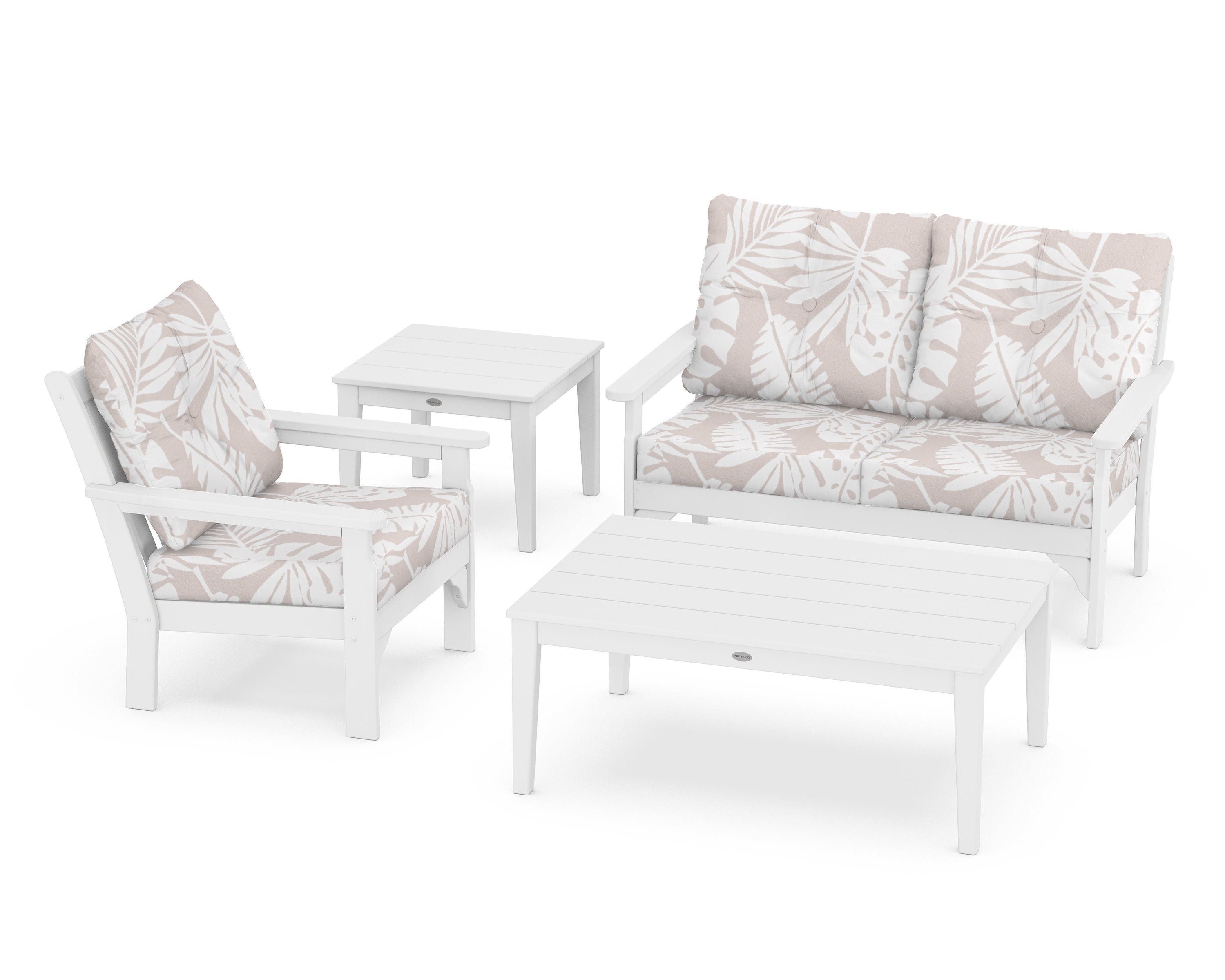 POLYWOOD® Vineyard 4-Piece Deep Seating Set in White / Leaf Dune Burlap