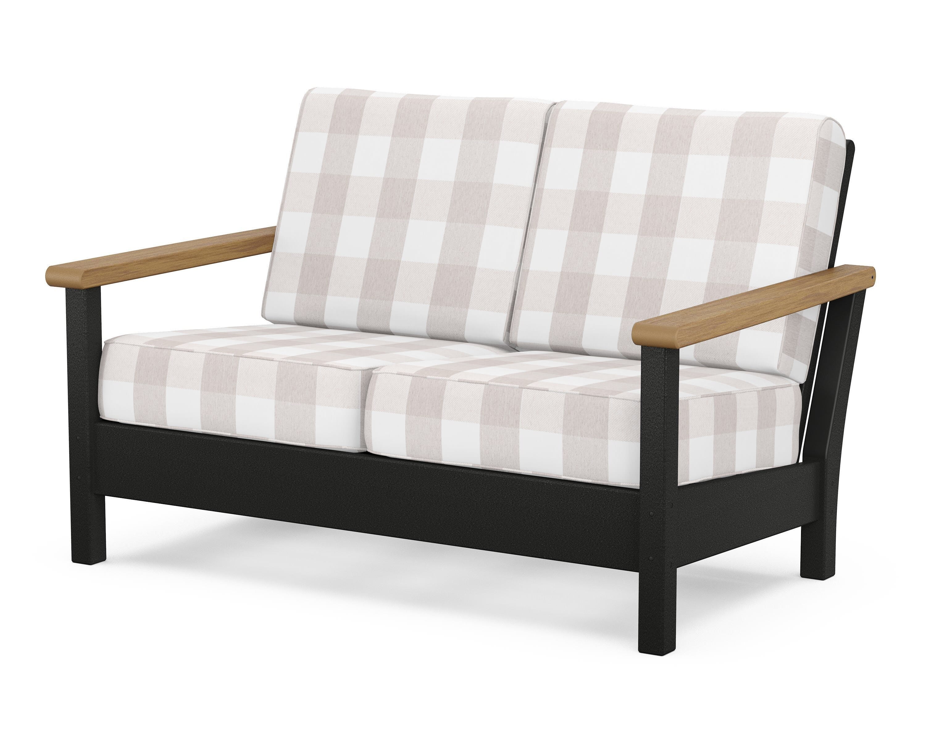 POLYWOOD® Harbour Deep Seating Loveseat in Black / Natural / Buffalo Plaid Dune Burlap
