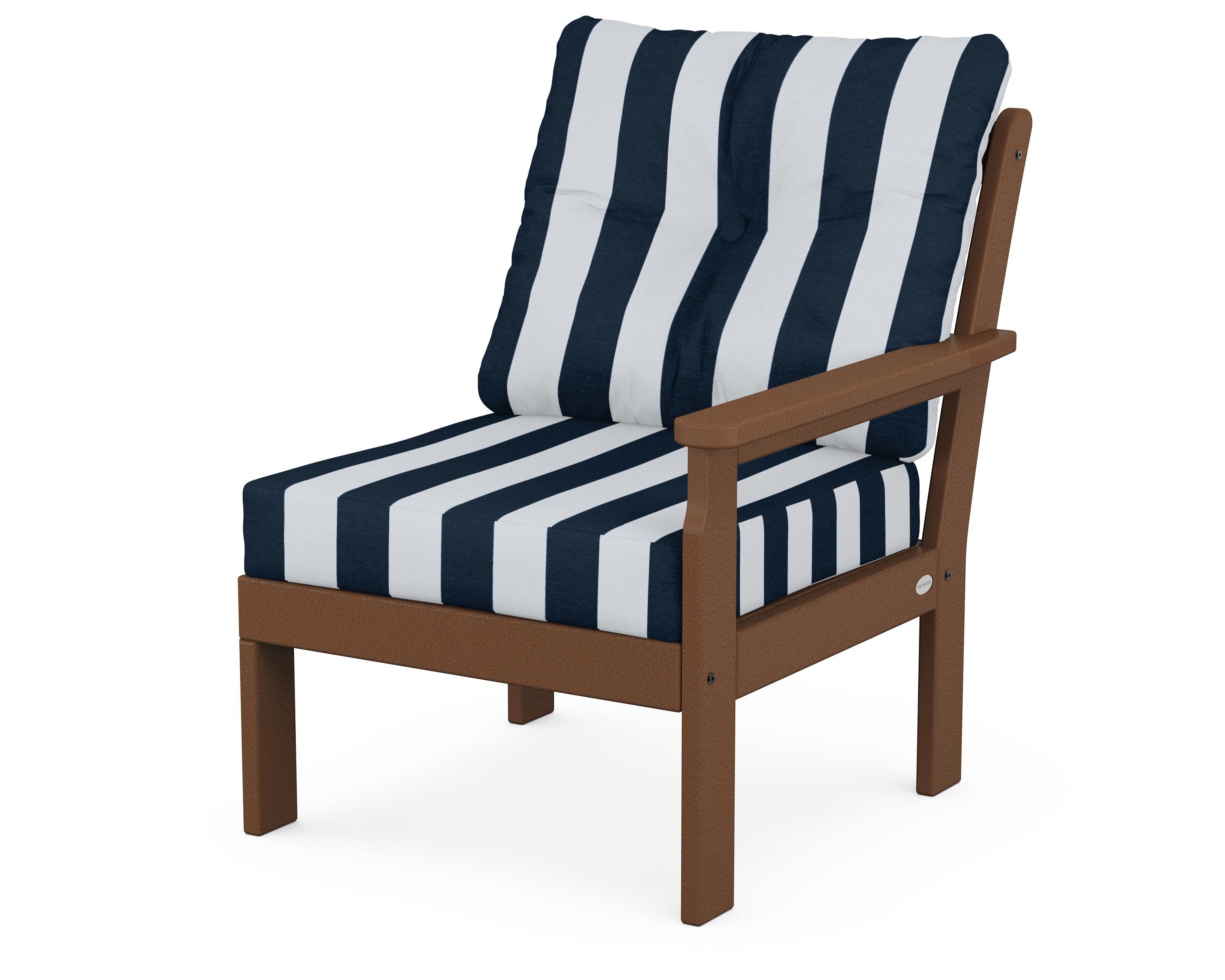 POLYWOOD® Vineyard Modular Right Arm Chair in Teak / Cabana Stripe Marine Indigo
