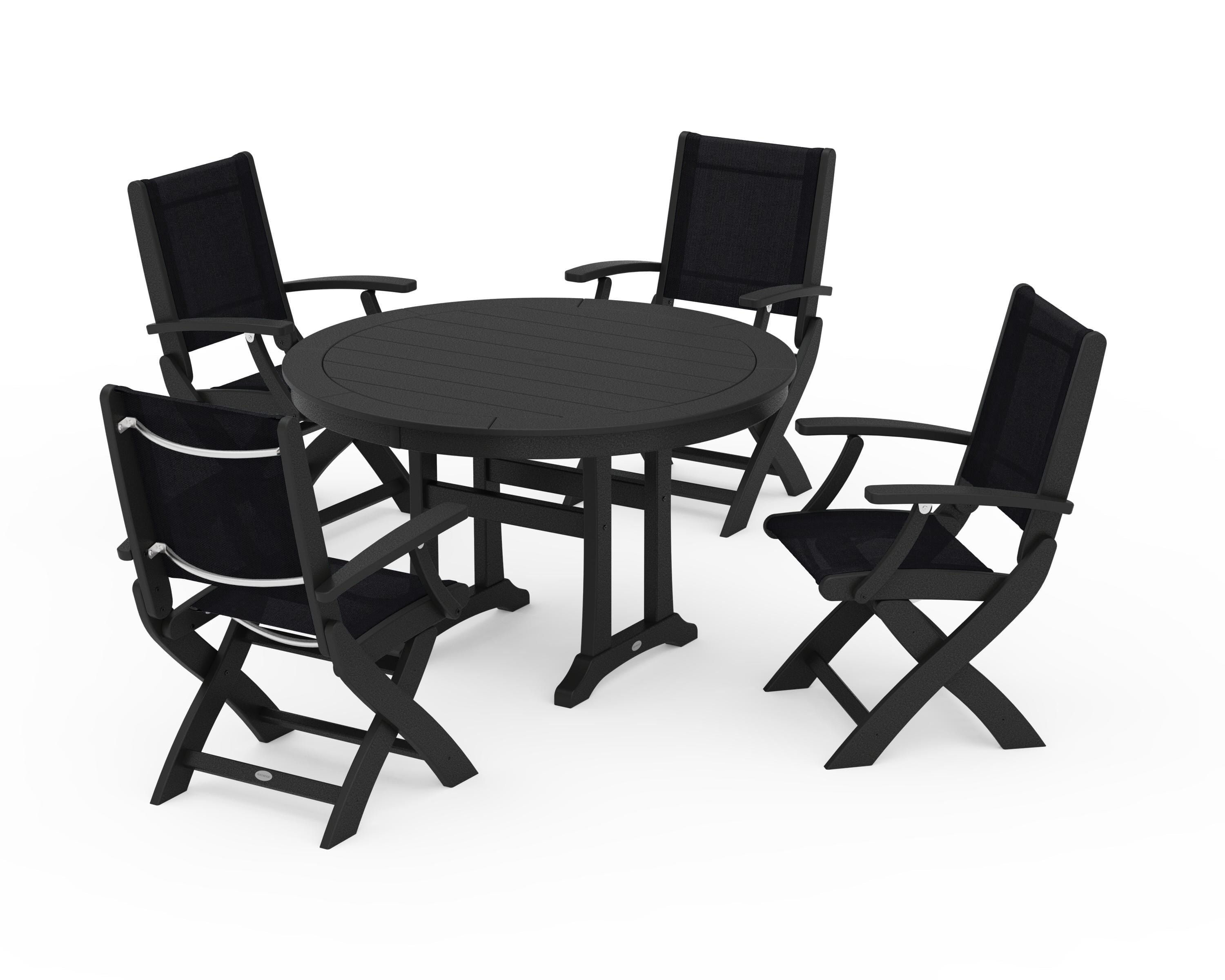 POLYWOOD® Coastal Folding Chair 5-Piece Round Dining Set with Trestle Legs in Black / Black Sling