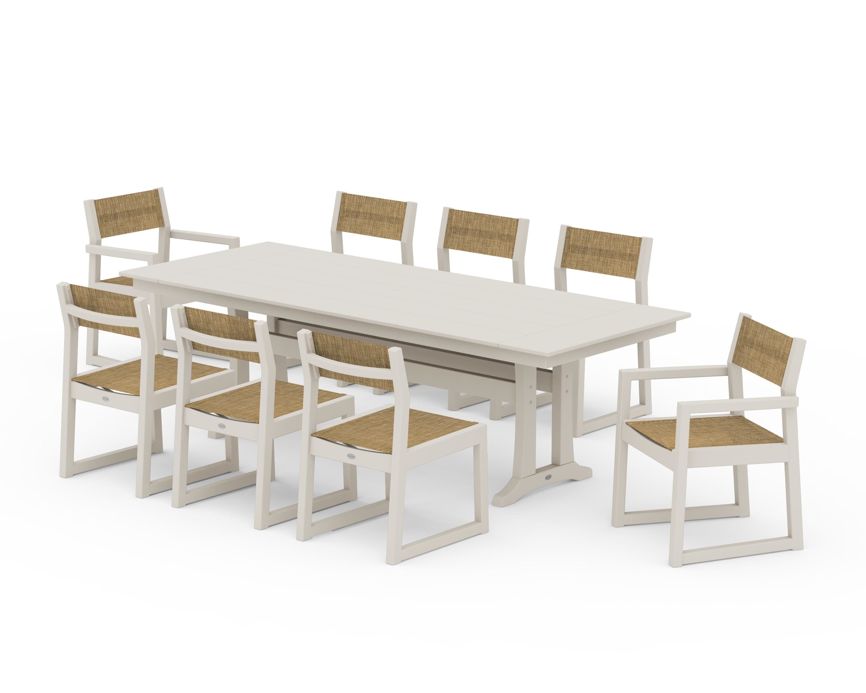 POLYWOOD® EDGE Sling 9-Piece Farmhouse Trestle Dining Set in Sand / Burlap Sling