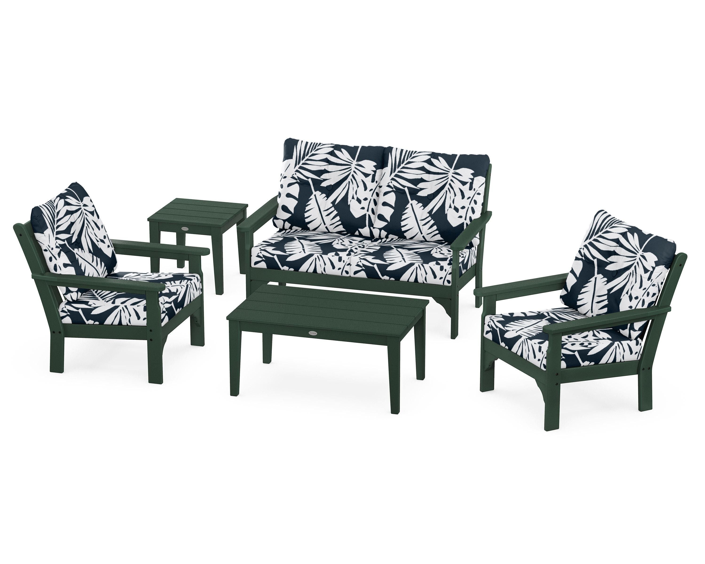 POLYWOOD® Vineyard 5-Piece Deep Seating Set in Green / Leaf Marine Indigo