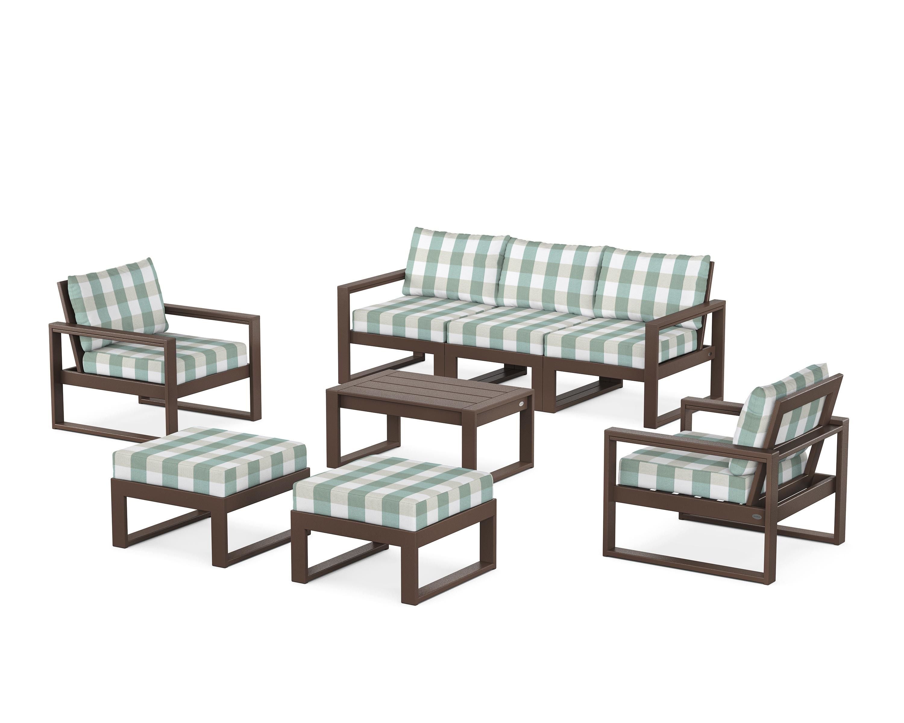 POLYWOOD® EDGE Sectional 8-Piece Lounge Sofa Set in Mahogany / Buffalo Plaid Glacier Spa
