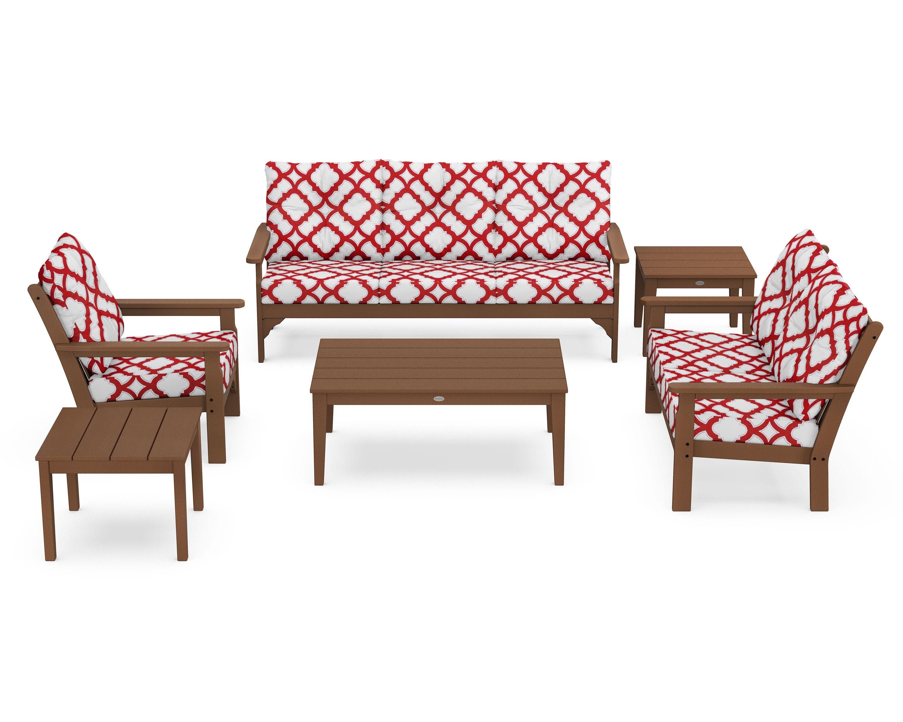 POLYWOOD® Vineyard 6-Piece Deep Seating Set in Teak / Trellis Crimson
