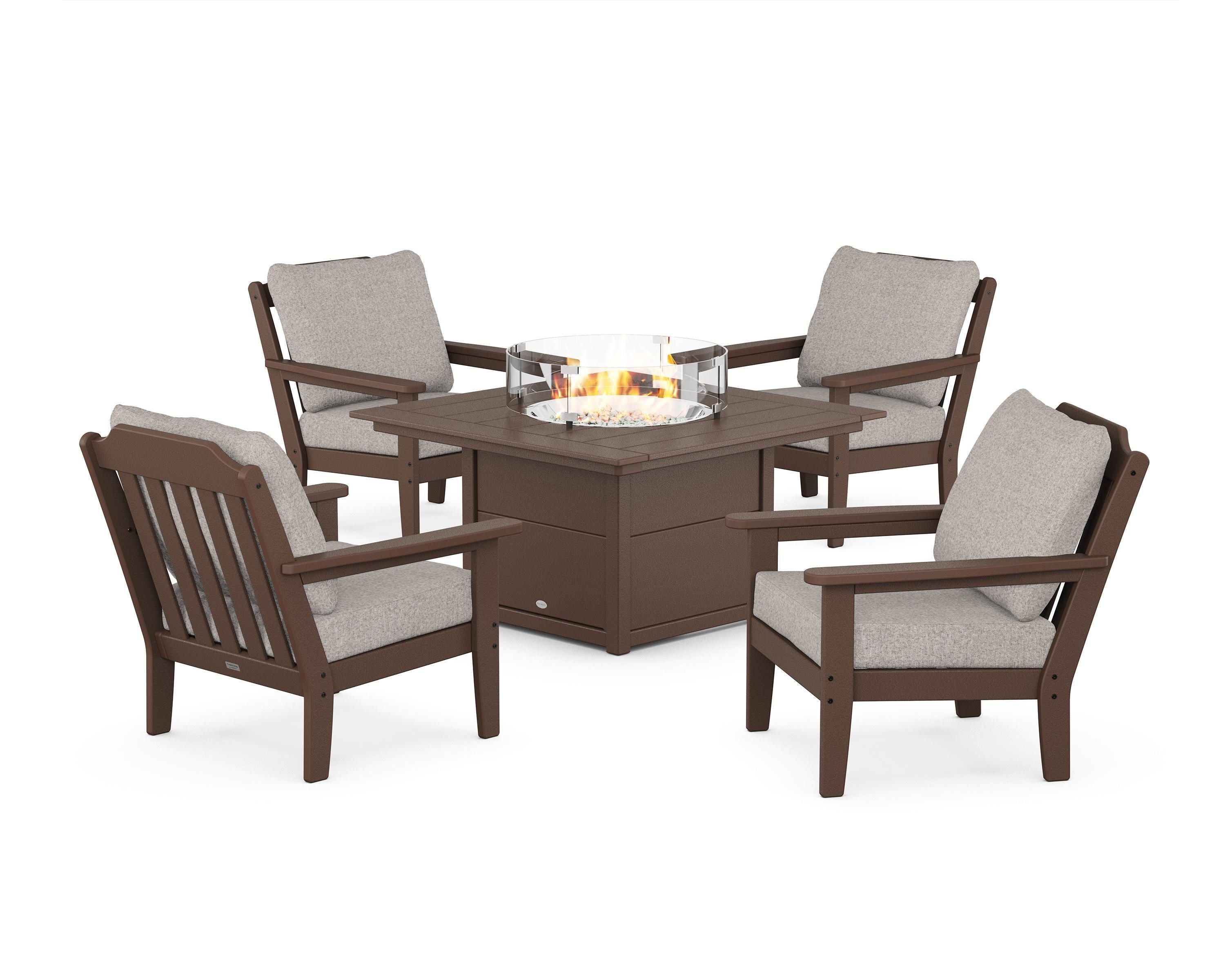 Country Living Cottage 5-Piece Deep Seating Set with Fire Pit Table in Mahogany / Weathered Tweed