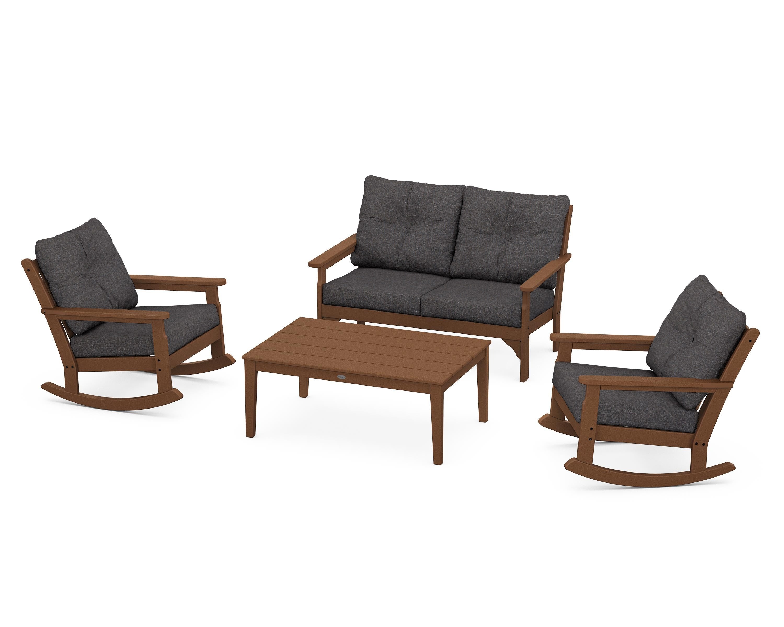 POLYWOOD® Vineyard 4-Piece Deep Seating Rocking Chair Set in Teak / Ash Charcoal
