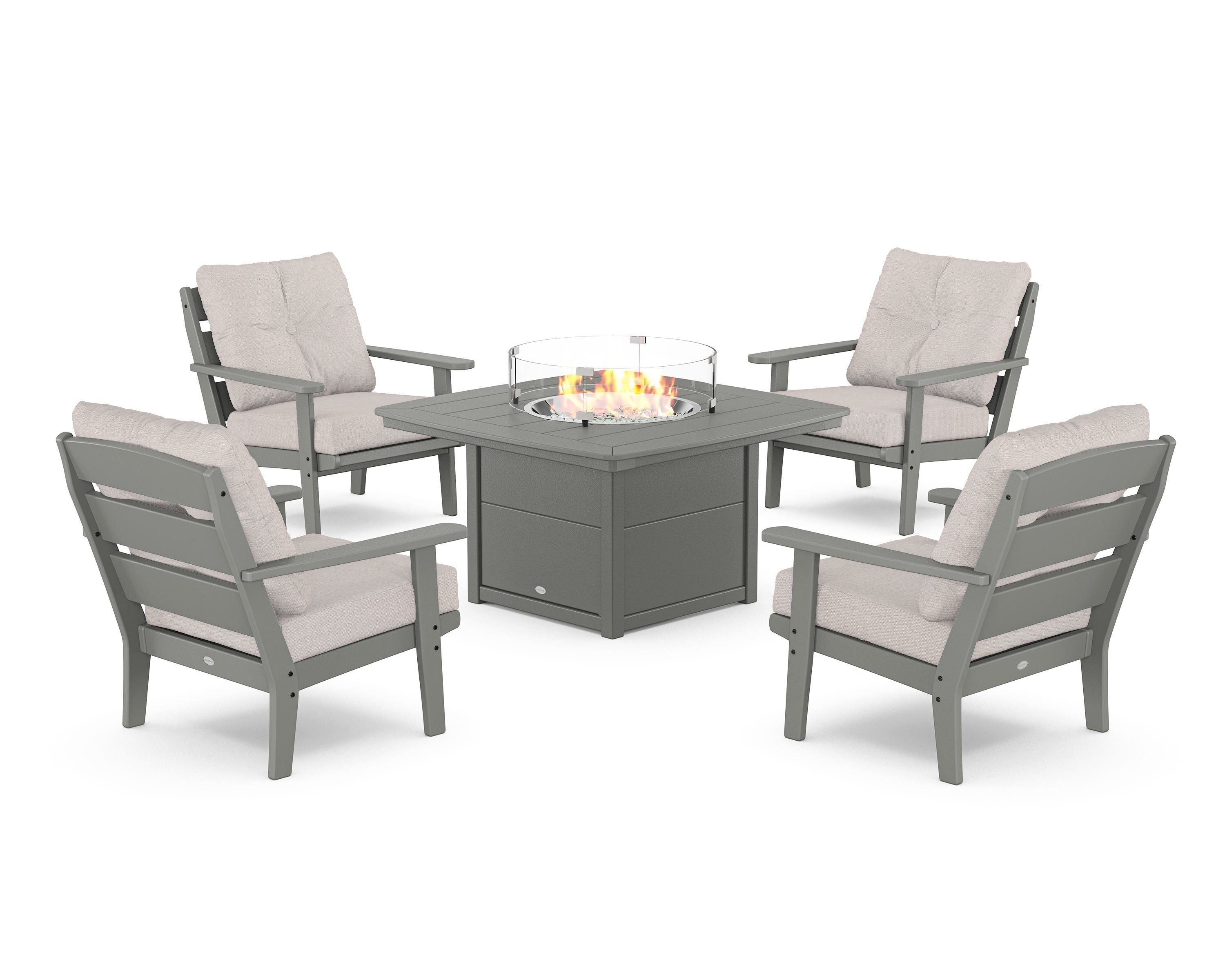 POLYWOOD® Lakeside 5-Piece Deep Seating Set with Nautical Fire Pit Table in Slate Grey / Dune Burlap