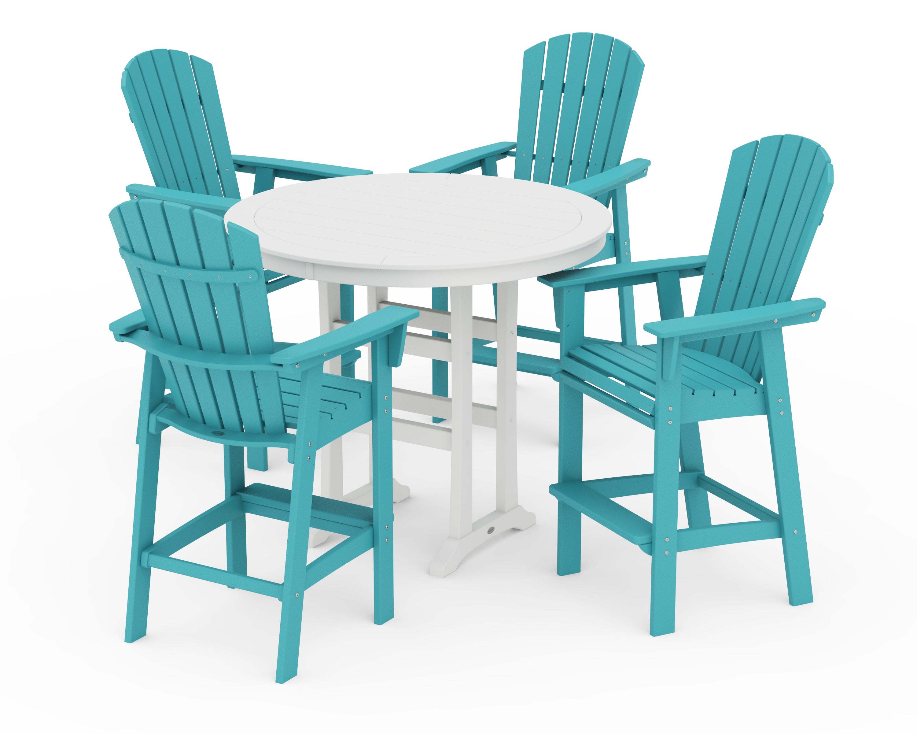 POLYWOOD® Nautical Curveback Adirondack 5-Piece Round Trestle Bar Set in Aruba / White