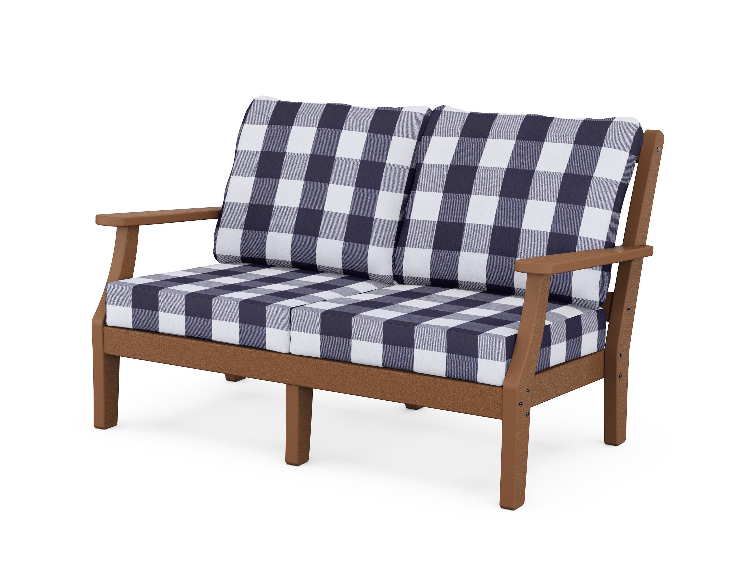 Martha Stewart by POLYWOOD® Chinoiserie Deep Seating Loveseat in Teak / Buffalo Plaid Navy