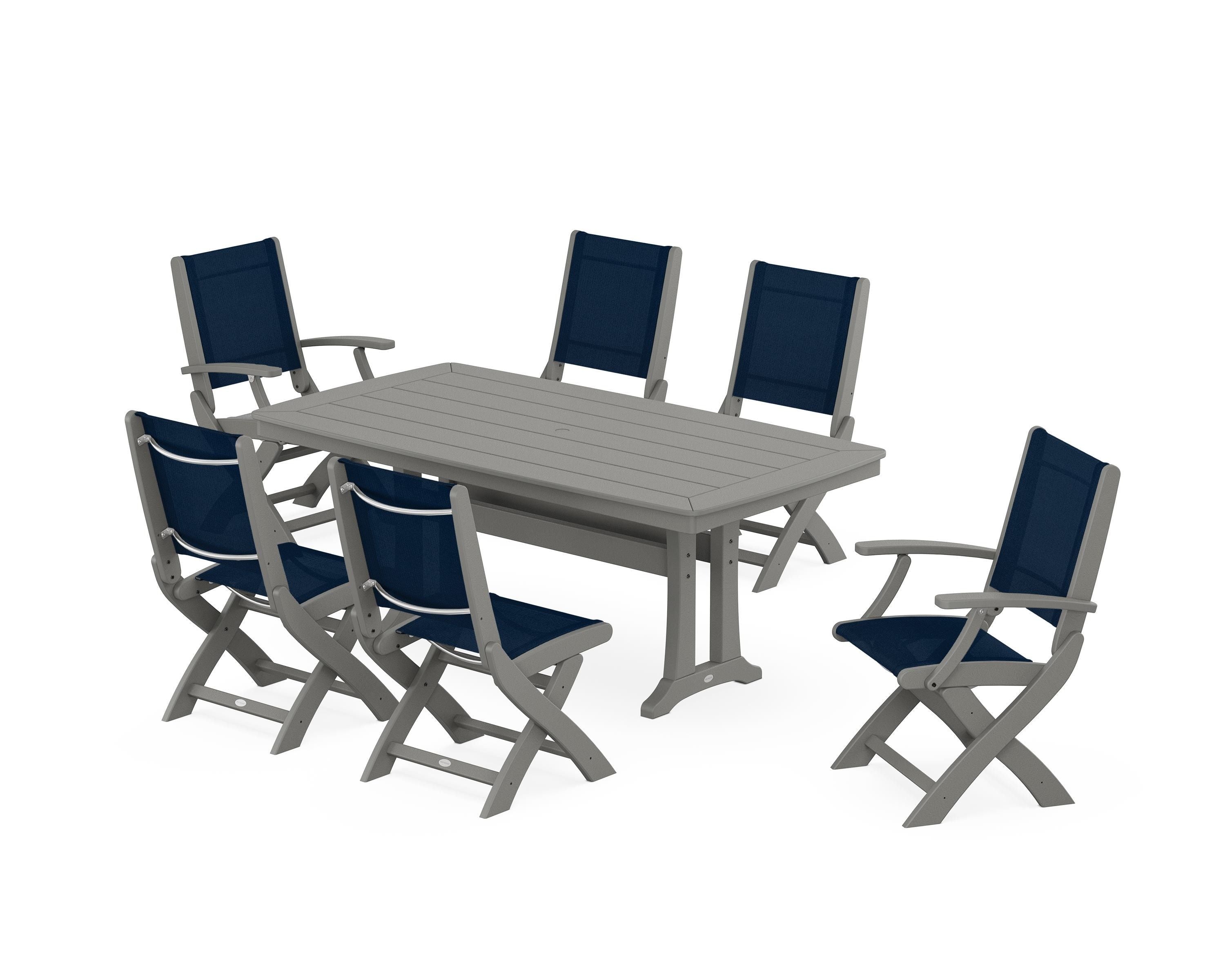 POLYWOOD® Coastal Folding Chair 7-Piece Dining Set with Trestle Legs in Slate Grey / Navy Blue Sling
