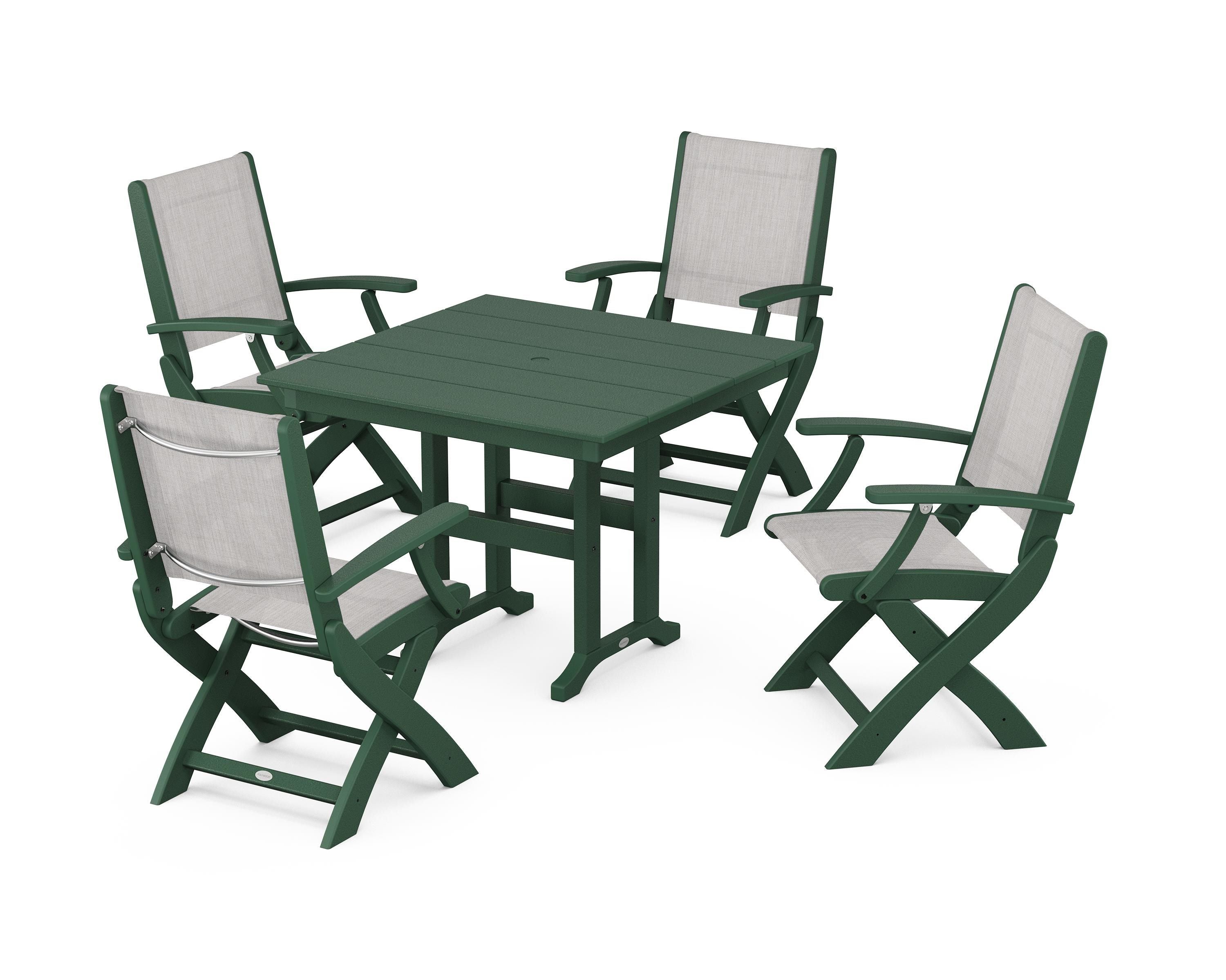 POLYWOOD® Coastal Folding Chair 5-Piece Farmhouse Dining Set in Green / Parchment Sling