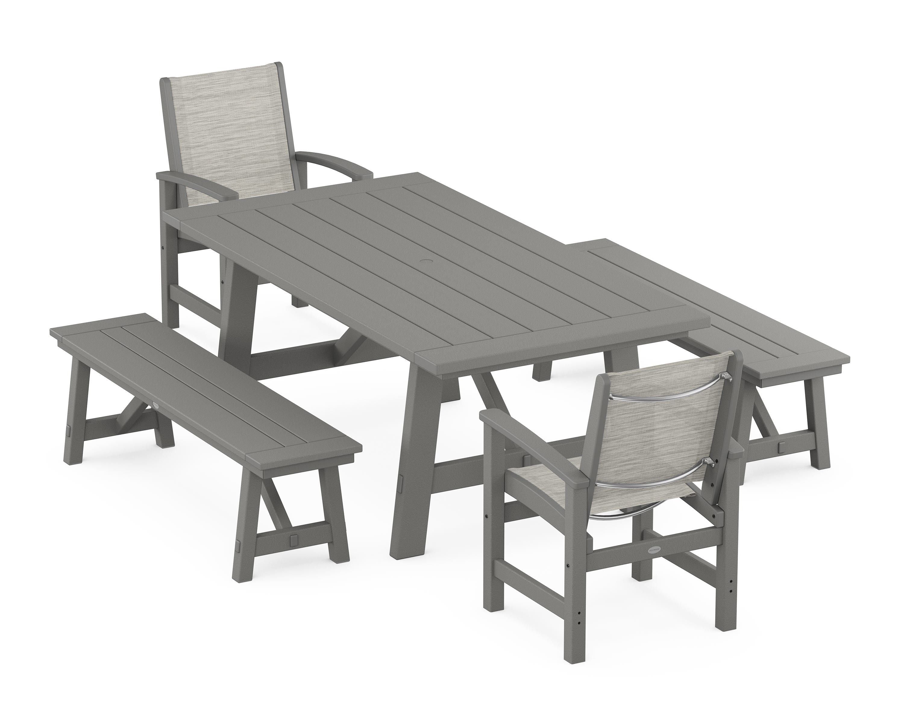 POLYWOOD® Coastal 5-Piece Rustic Farmhouse Dining Set With Benches in Slate Grey / Birch Sling
