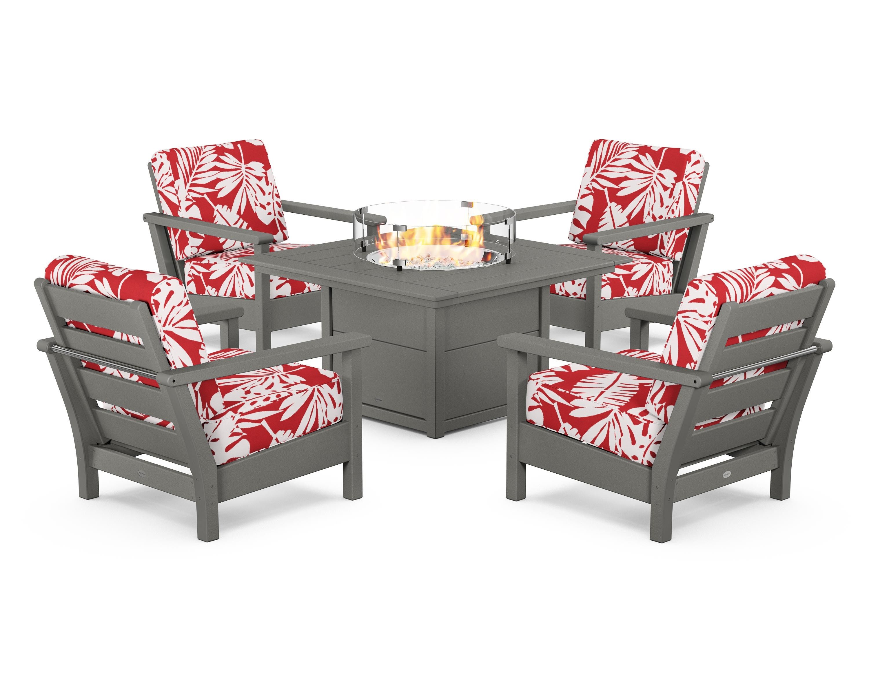 POLYWOOD® Harbour 5-Piece Conversation Set with Fire Pit Table in Slate Grey / Leaf Crimson
