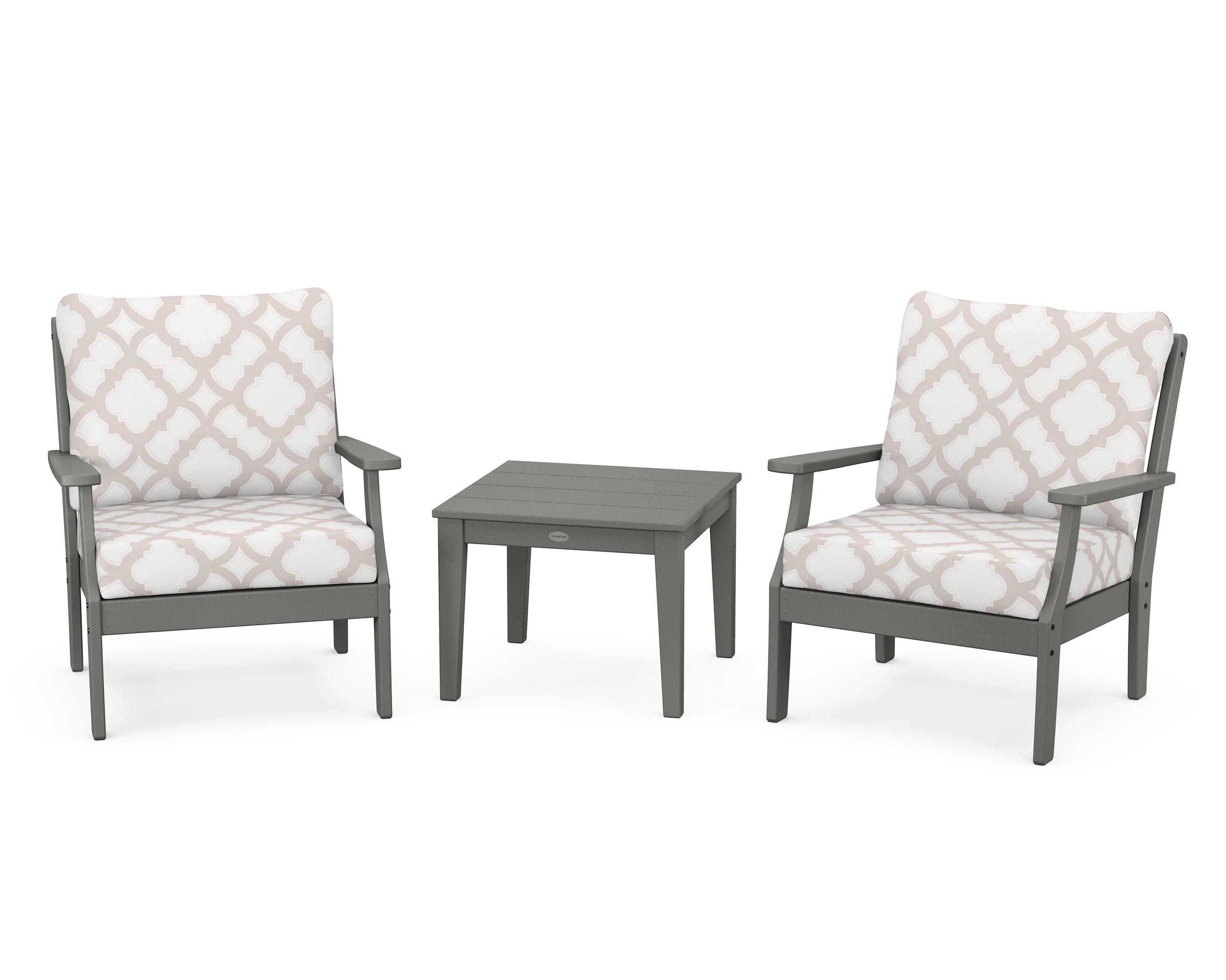 POLYWOOD® Braxton 3-Piece Deep Seating Set in Slate Grey / Trellis Dune Burlap