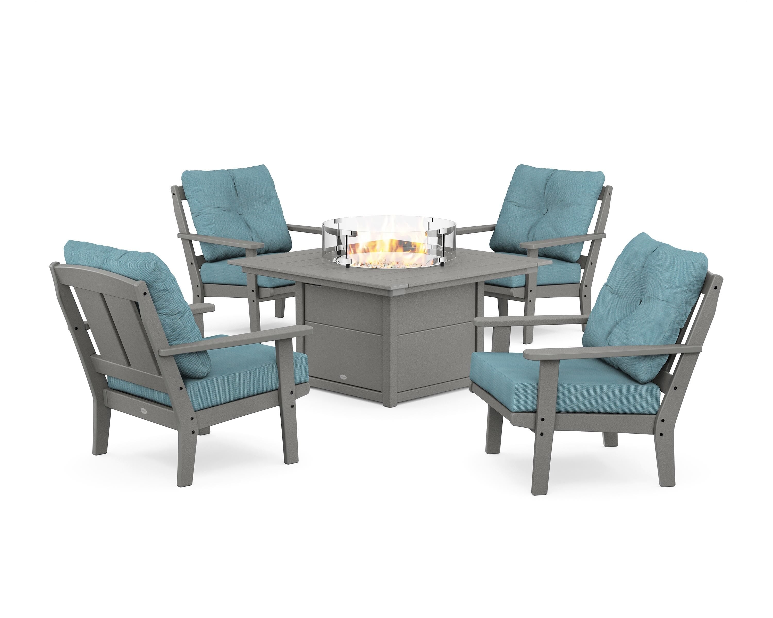 POLYWOOD® Mission 5-Piece Deep Seating Set with Fire Pit Table in Slate Grey / Lattice Sky Blue