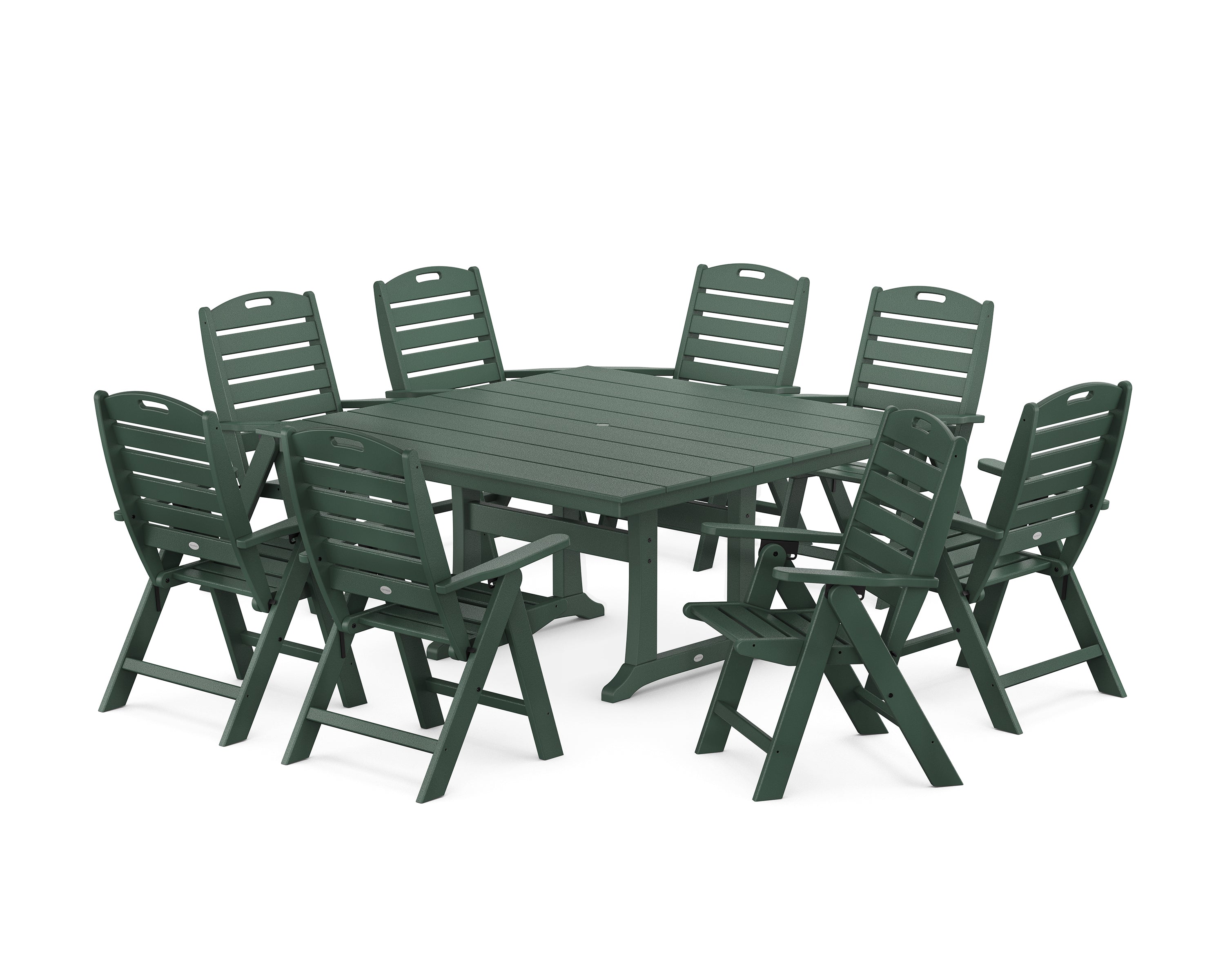 POLYWOOD® Nautical Highback 9-Piece Square Farmhouse Dining Set with Trestle Legs in Green